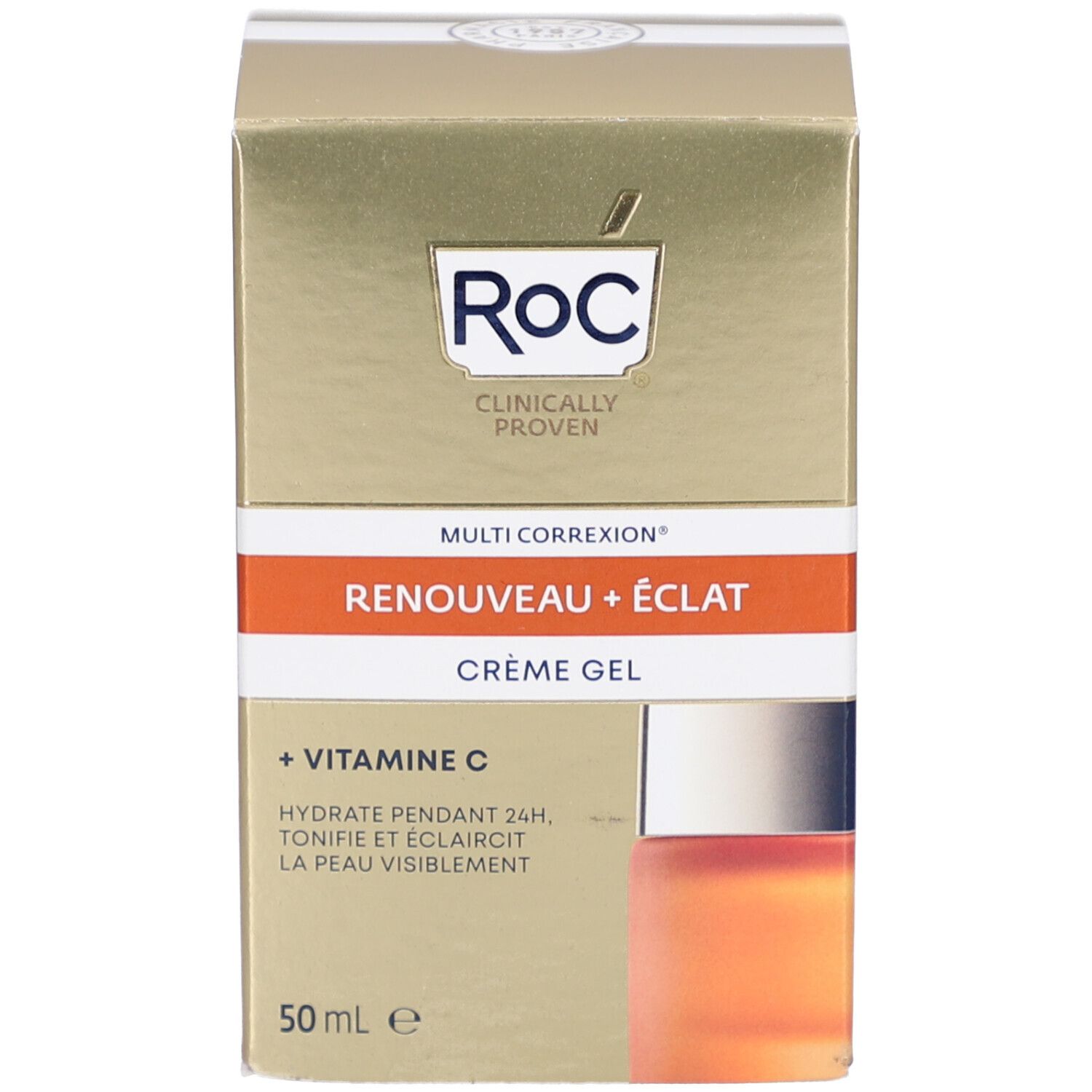 Produktverpackung. Aufschrift: RoC, Multi Correxion, Creme Gel + Vitamin C. 50 ml.