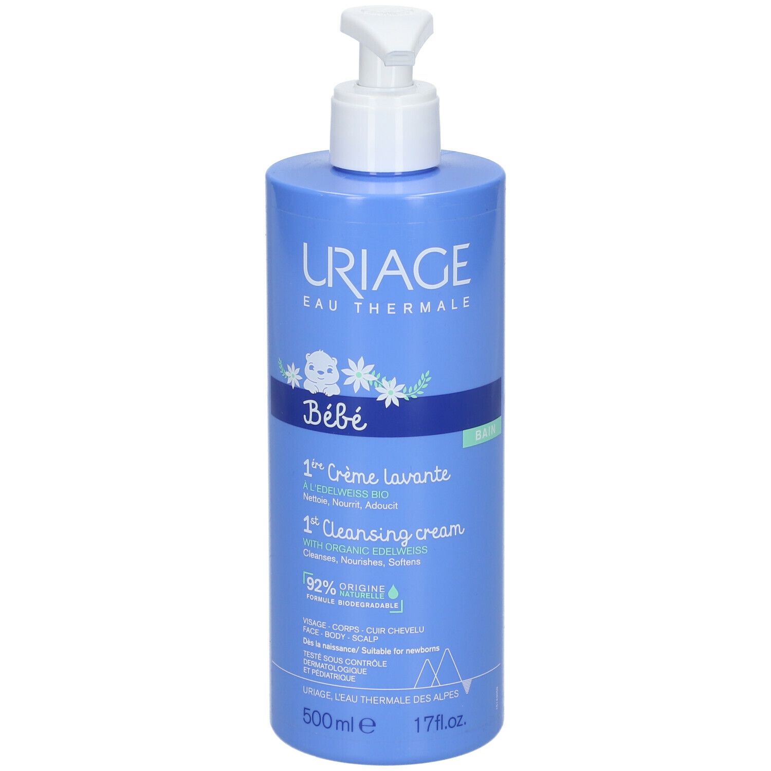 Blaue Flasche mit Pumpe. URIAGE, Bébé, 1ère Crème lavante, 1st Cleansing cream. Text auf Französisch und Englisch.