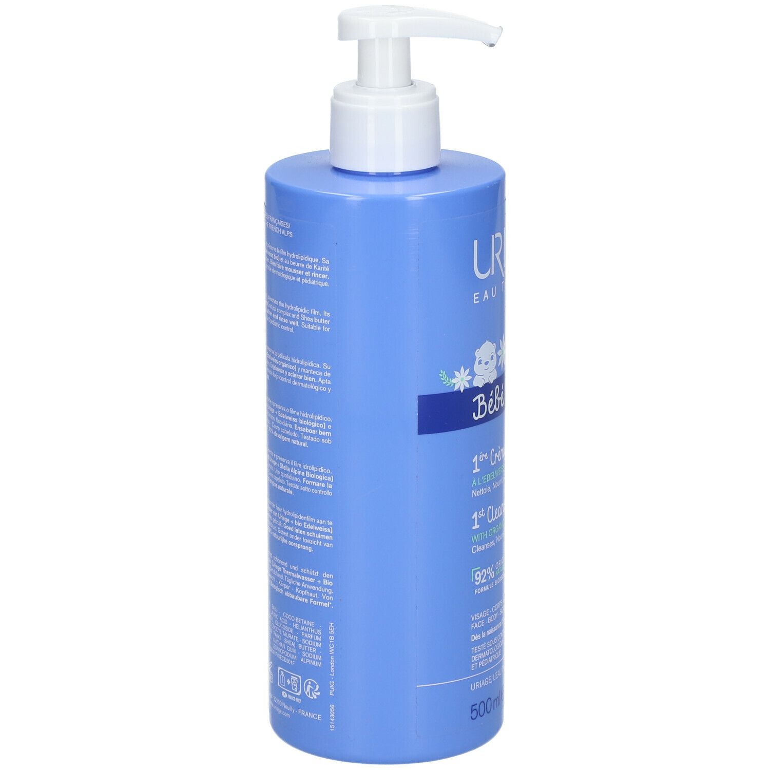 Rückseite der blauen Flasche mit Text. URIAGE, Bébé, 1ère Crème lavante, 1st Cleansing cream. Text in mehreren Sprachen.