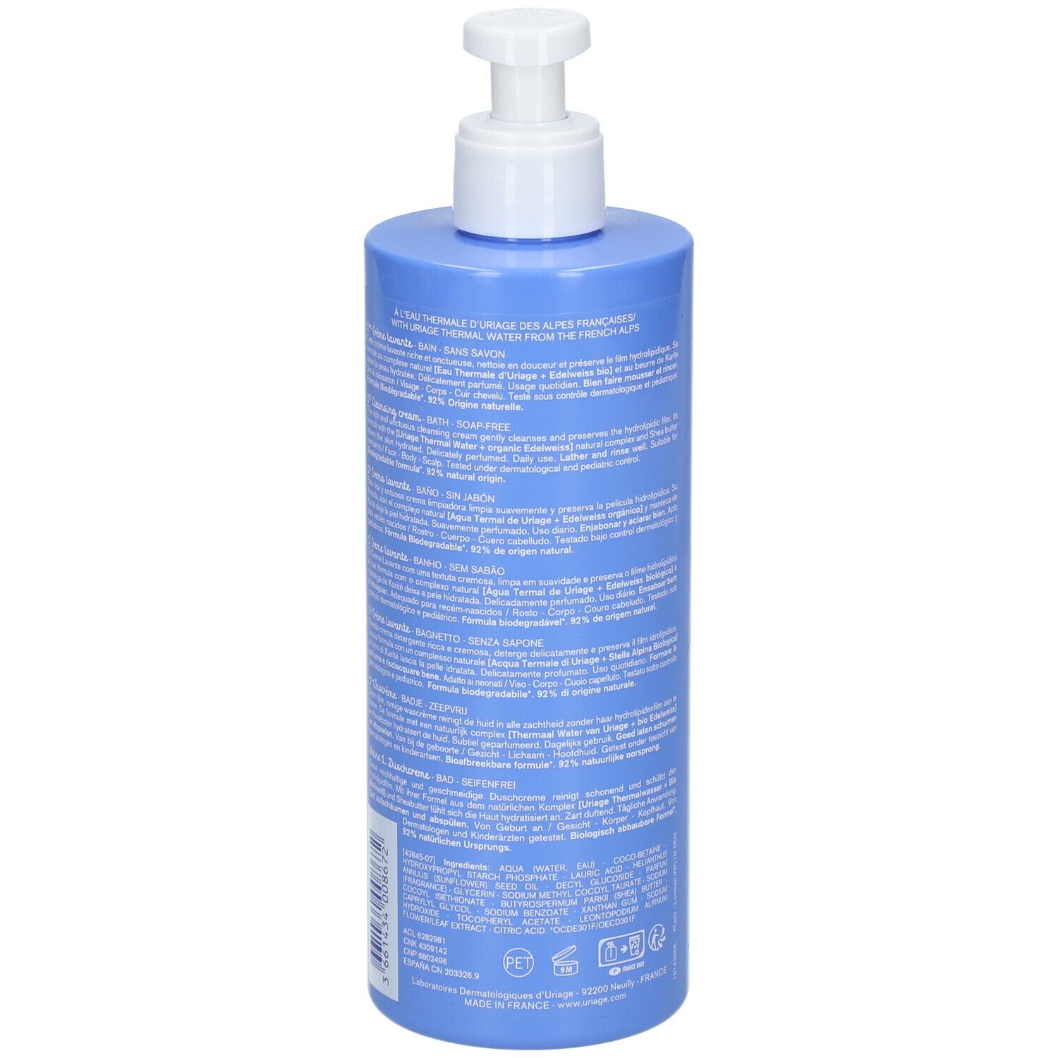 Rückseite der blauen Flasche mit Text. URIAGE, Bébé, 1ère Crème lavante, 1st Cleansing cream. Text in mehreren Sprachen.