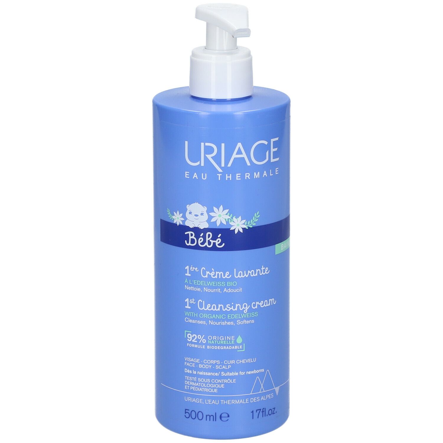 Blaue Flasche mit Pumpe. URIAGE, Bébé, 1ère Crème lavante, 1st Cleansing cream. Text auf Französisch und Englisch.