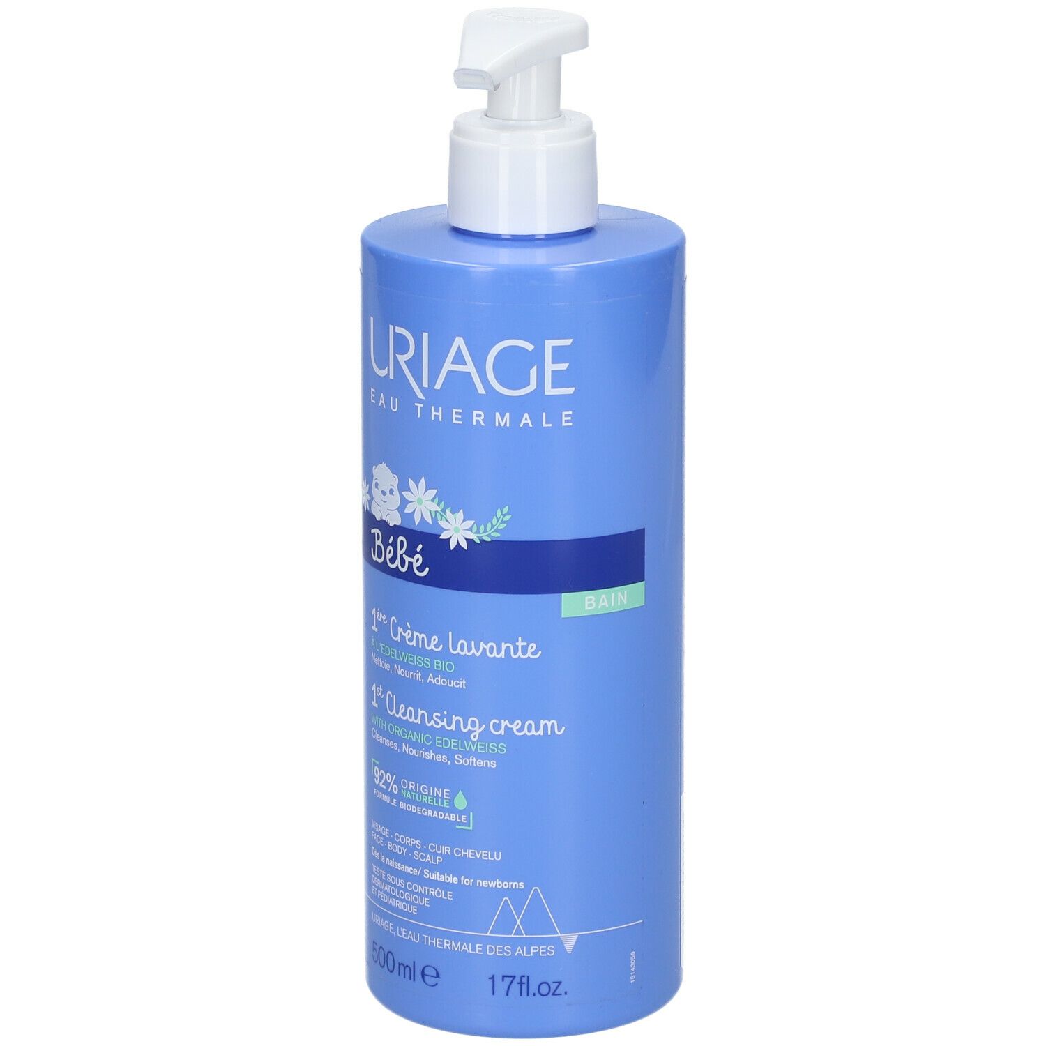 Blaue Flasche mit Pumpe. URIAGE, Bébé, 1ère Crème lavante, 1st Cleansing cream. Text auf Französisch und Englisch.