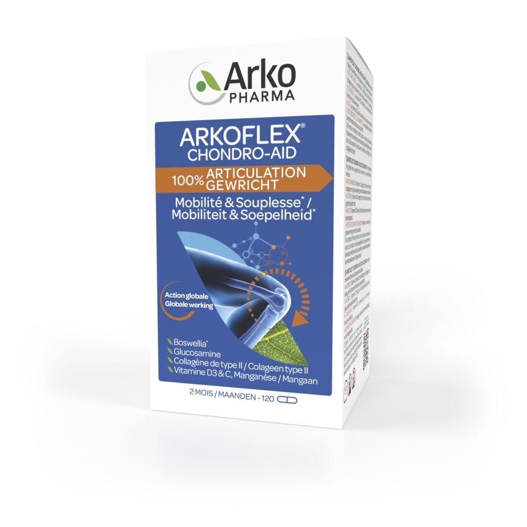 Emballage Arkoflex Chondro-Aid. Contient 120 gélules. Couleurs bleu et blanc.