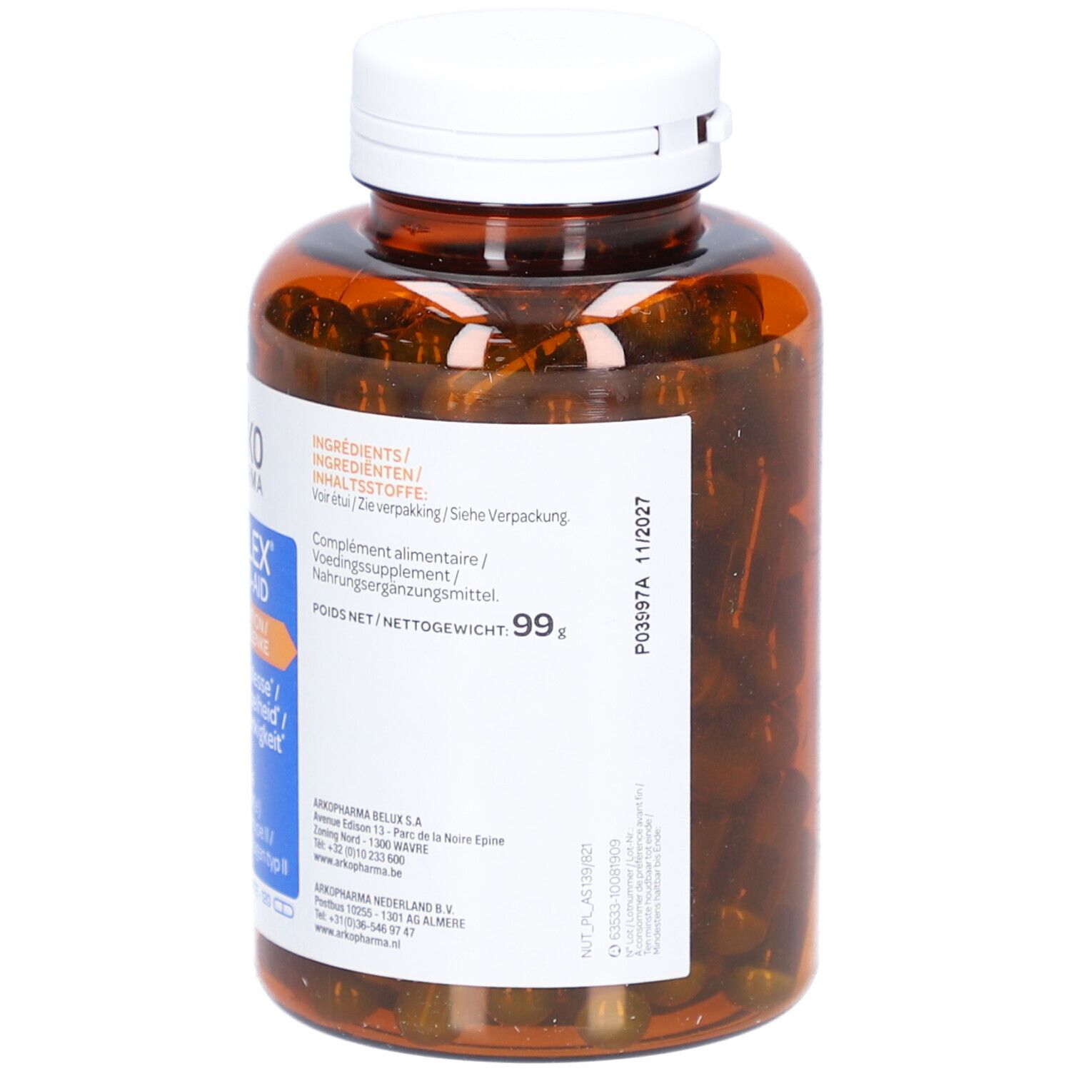 Rückseite einer braunen Flasche mit weißen Deckel. Enthält Kapseln. Etikett mit Inhaltsstoffen und Gewicht.
