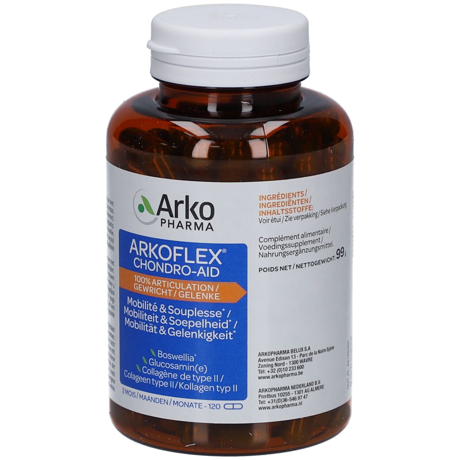 Braune Flasche mit weißen Deckel. Etikett mit Arkoflex Chondro-Aid. Enthält 120 Kapseln.