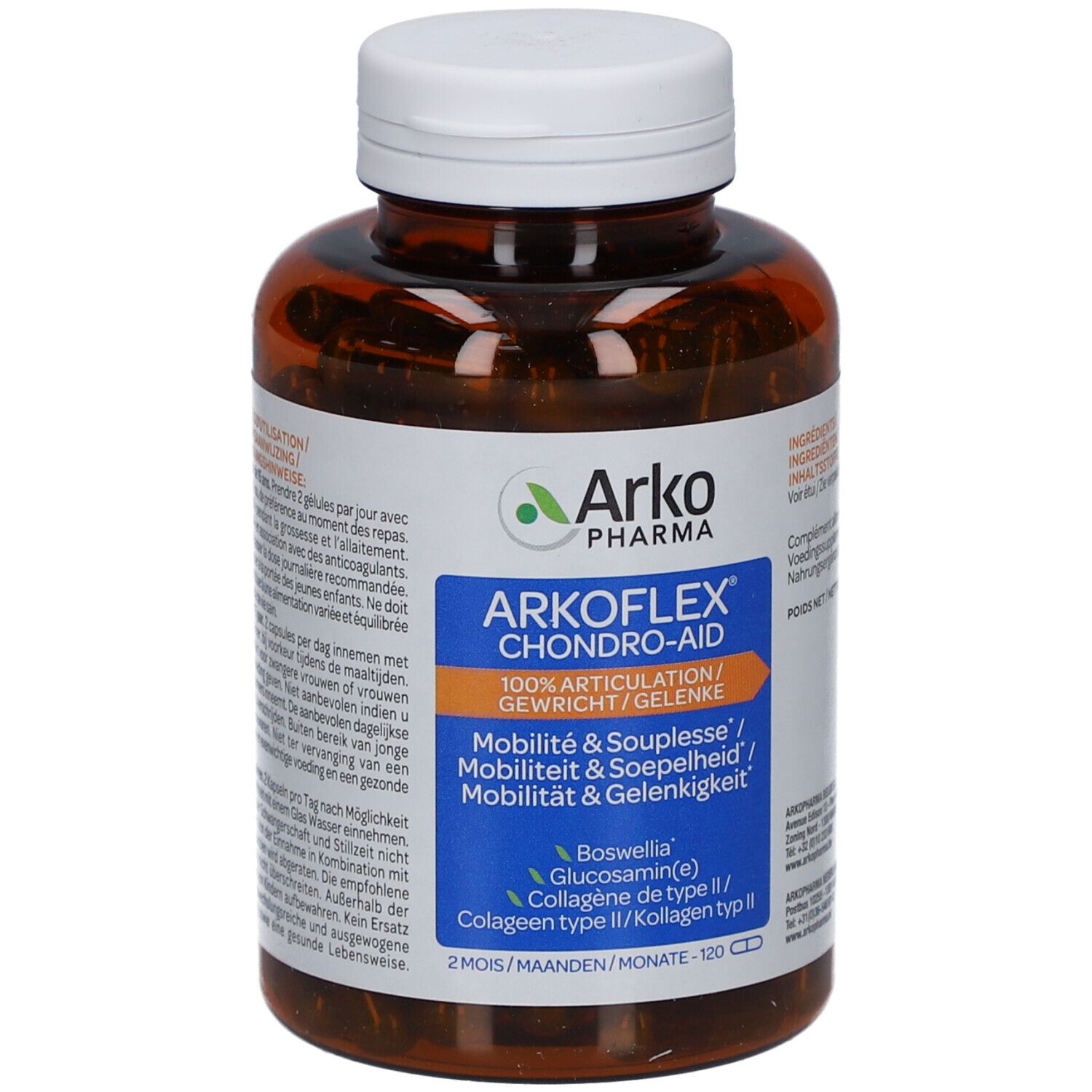Braune Flasche mit weißen Deckel. Etikett mit Arkoflex Chondro-Aid. Enthält 120 Kapseln.
