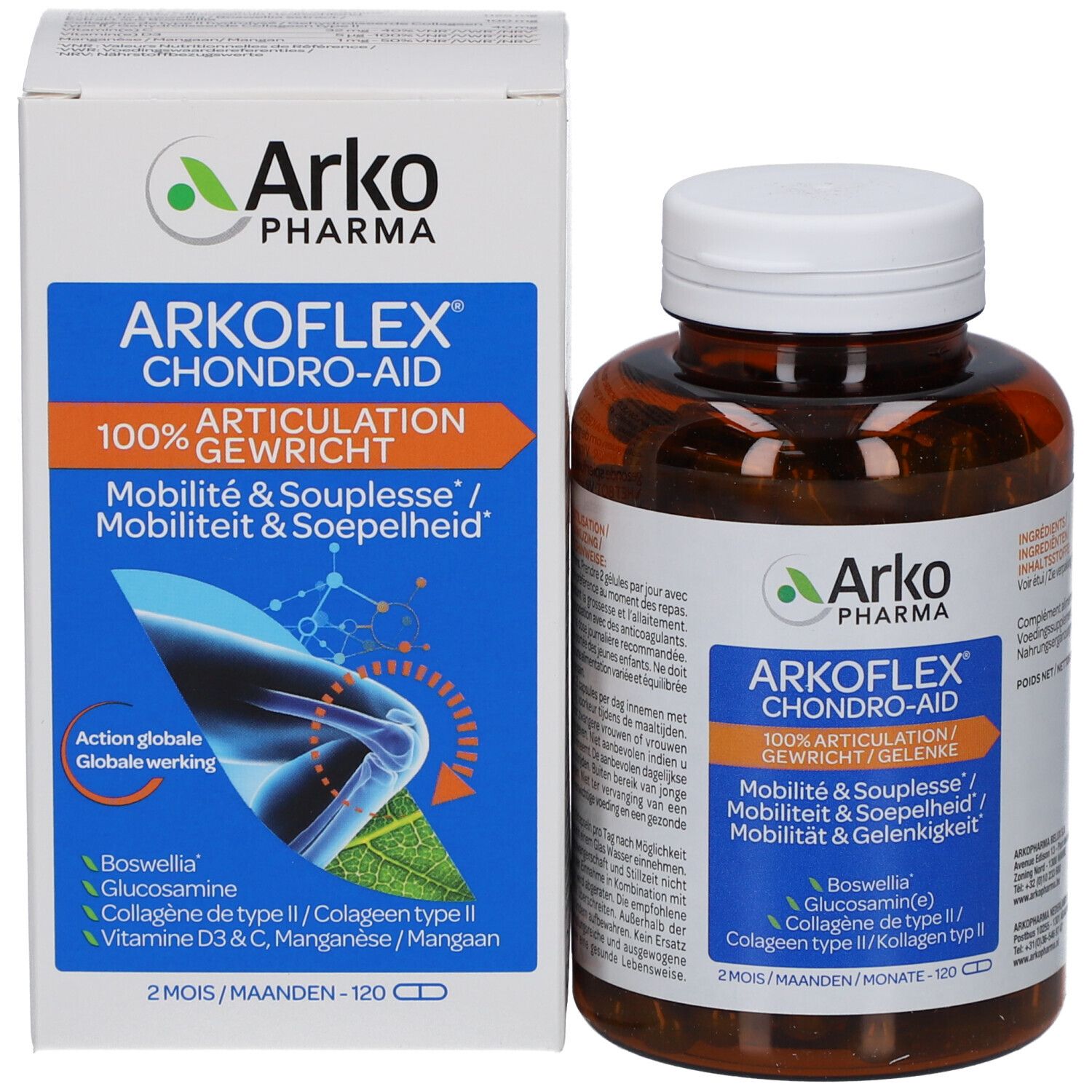 Produktverpackung und Flasche. Verpackung mit Arkoflex Chondro-Aid. Flasche mit 120 Kapseln.