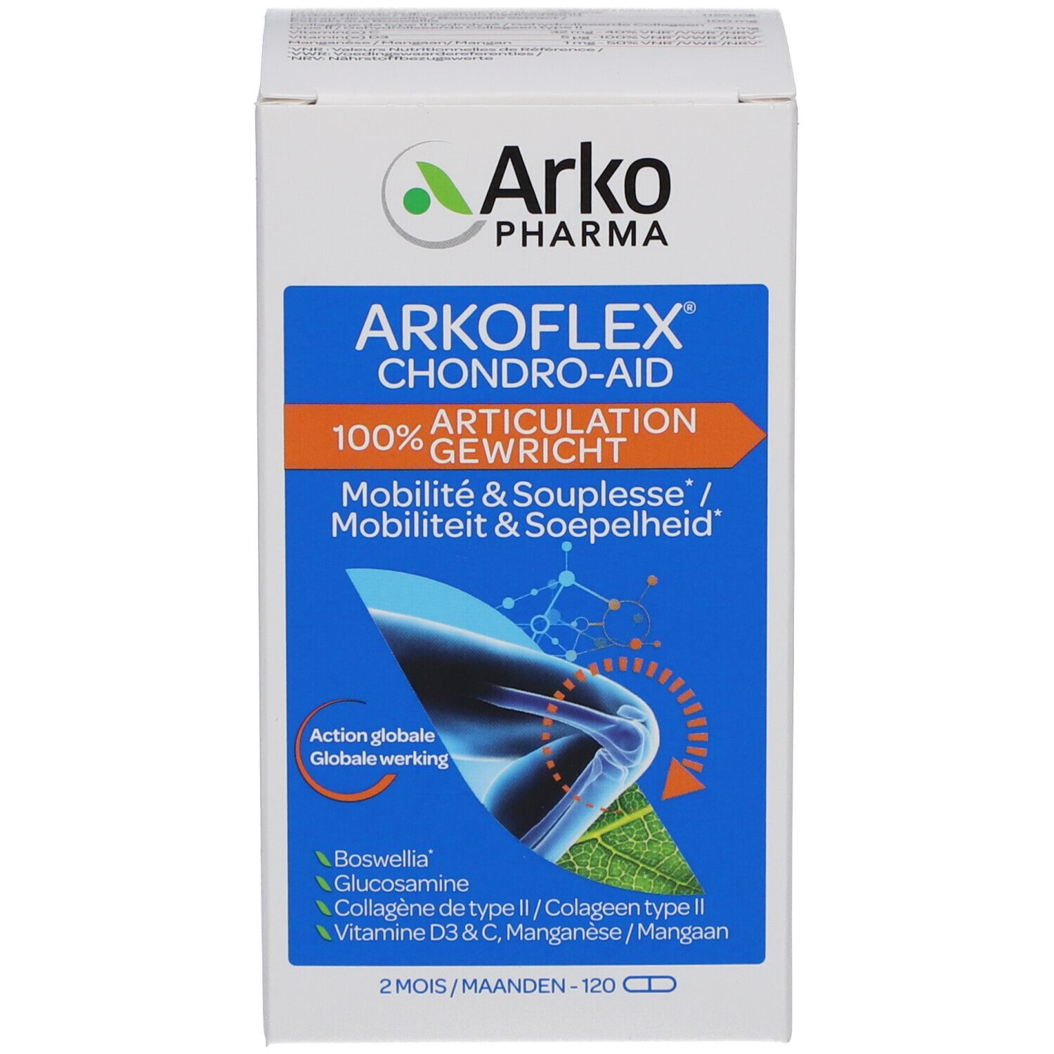 Produktverpackung mit Arkoflex Chondro-Aid. Enthält 120 Kapseln. Blaue und weiße Farbgebung.