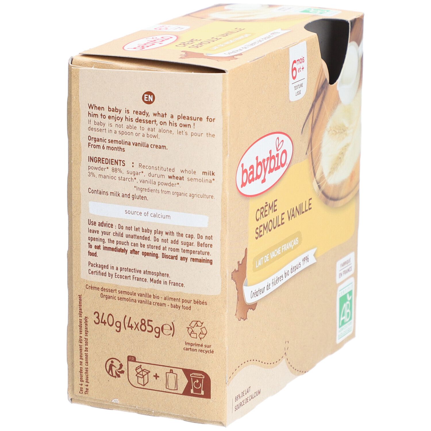 Babybio Semoule Vanille - Alimentation Biologique pour Bébé - Dessert - Goûter - dès 6 Mois