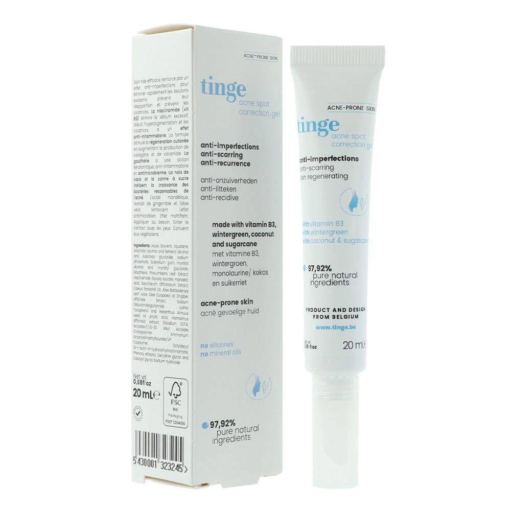 Emballage et tube du produit. Emballage : blanc, texte : tinge, acne spot correction gel. Tube : blanc, texte : anti-imperfections.