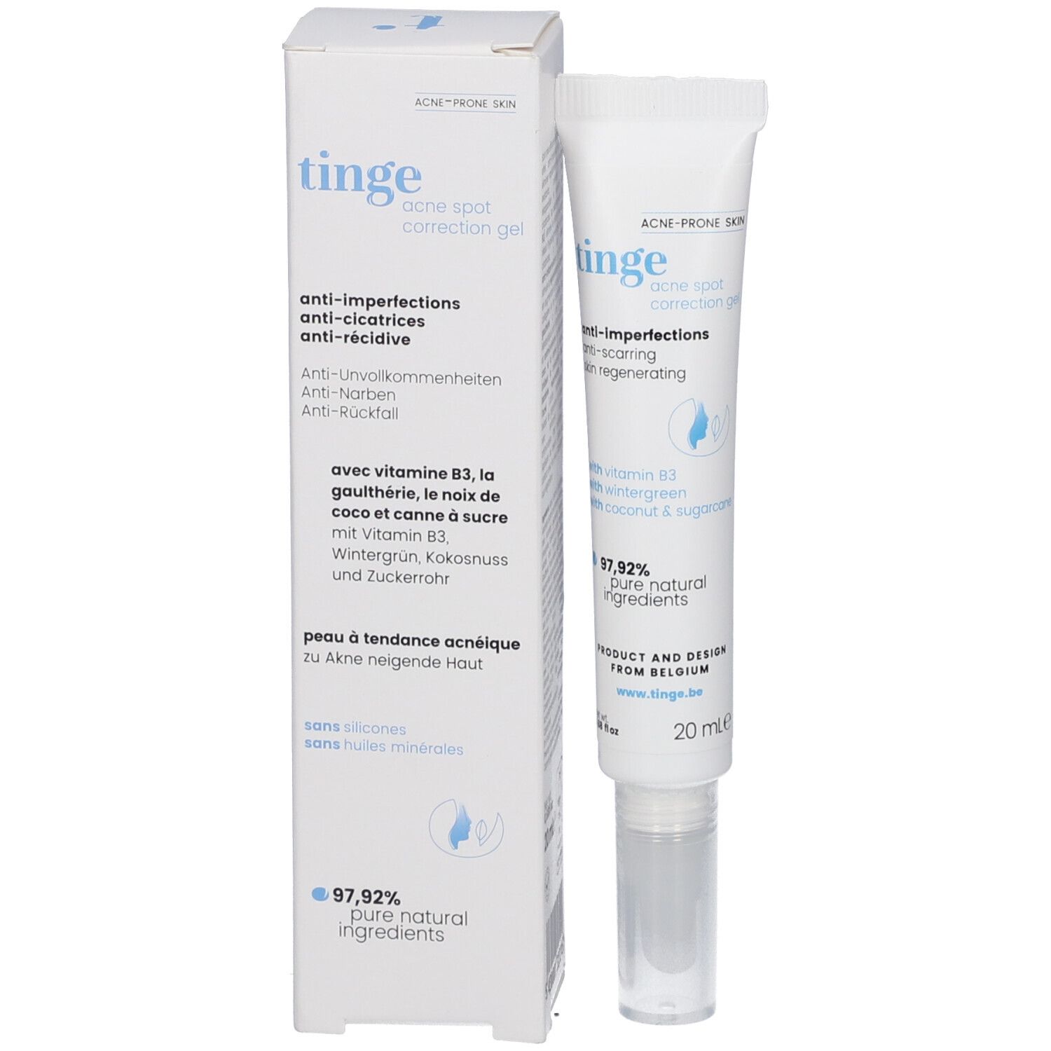 Produktverpackung und Tube. Verpackung: weiß, Text: tinge, acne spot correction gel. Tube: weiß, Text: anti-imperfections.