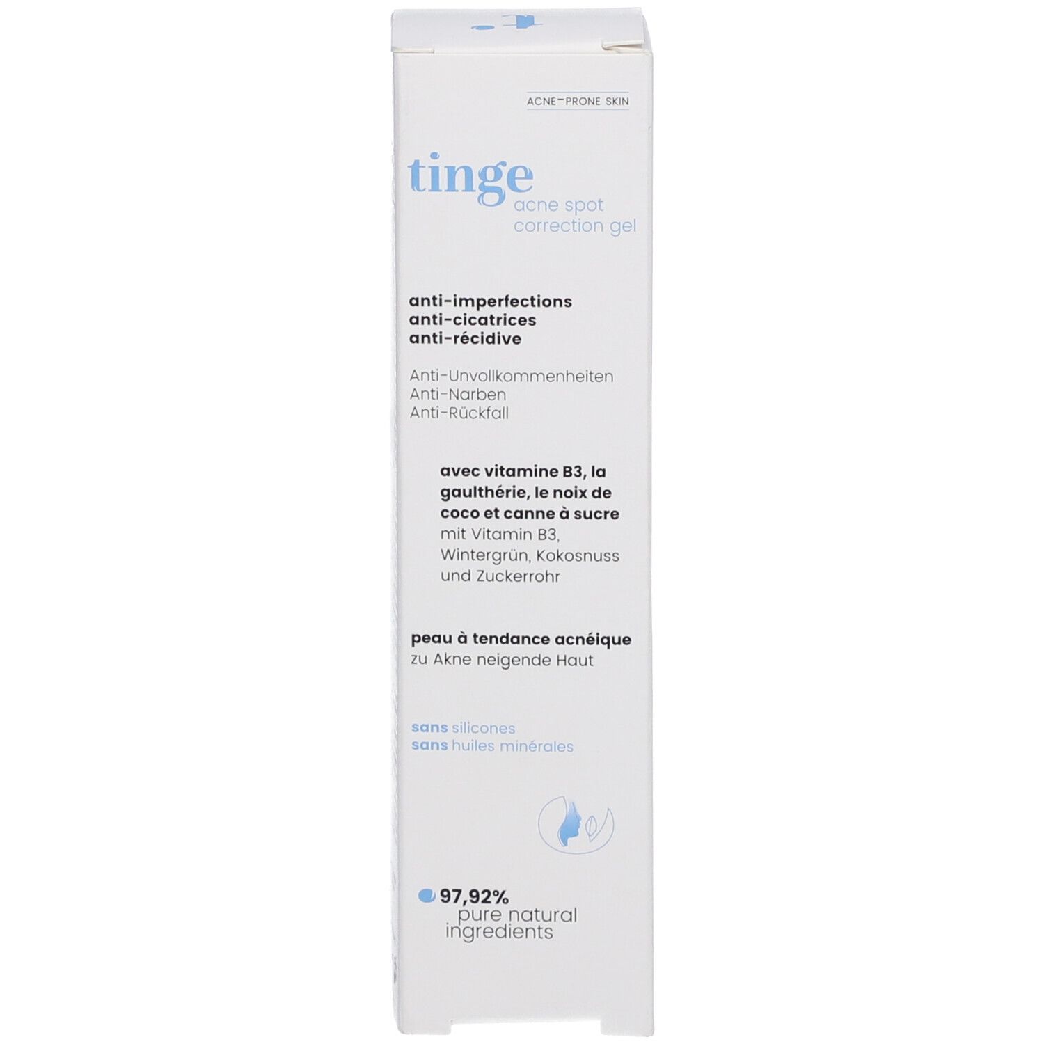 Weiße Produktverpackung. Text: tinge, acne spot correction gel, anti-imperfections, anti-narben. Logo: 97,92% pure natural ingredients.