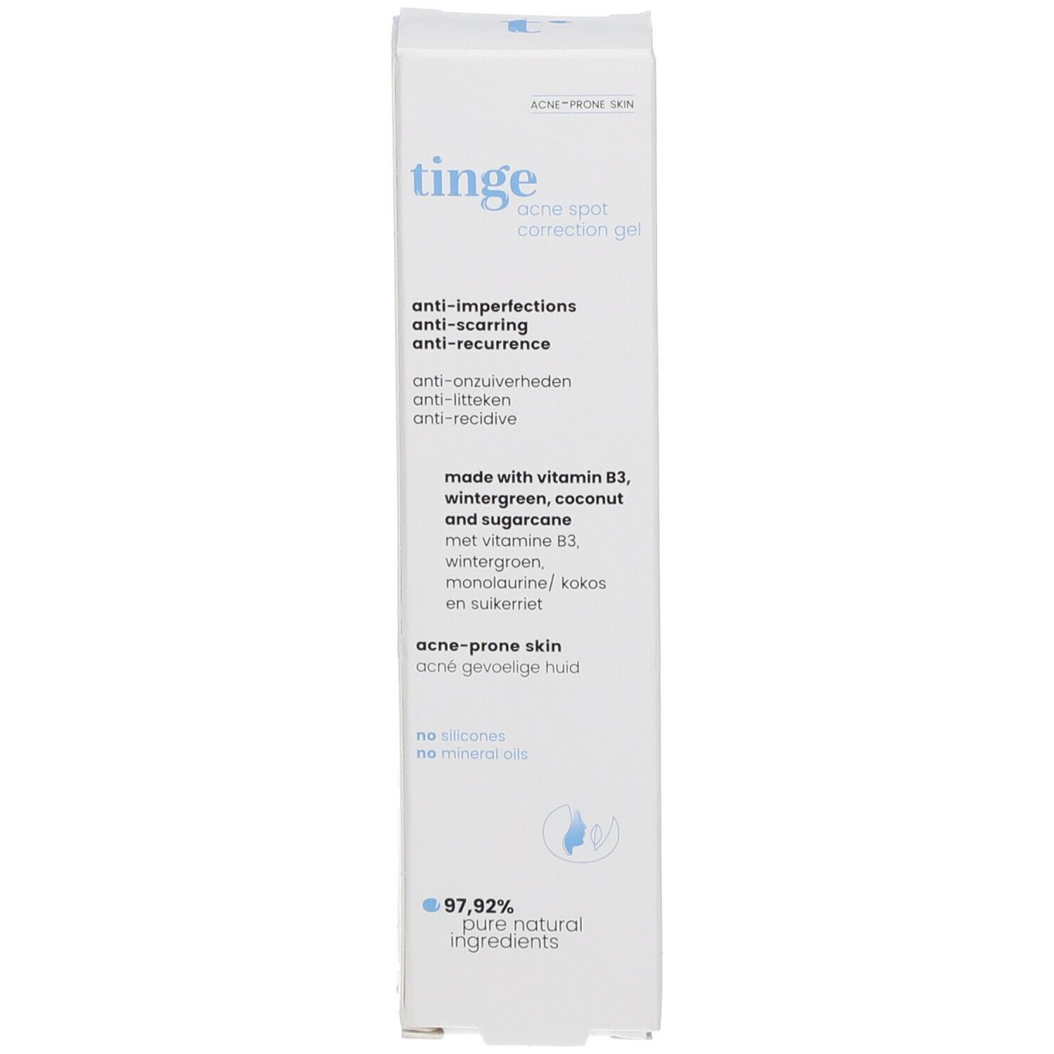Produktverpackung, Seitenansicht. Text: tinge, acne spot correction gel, acne-prone skin, 97,92% pure natural ingredients.