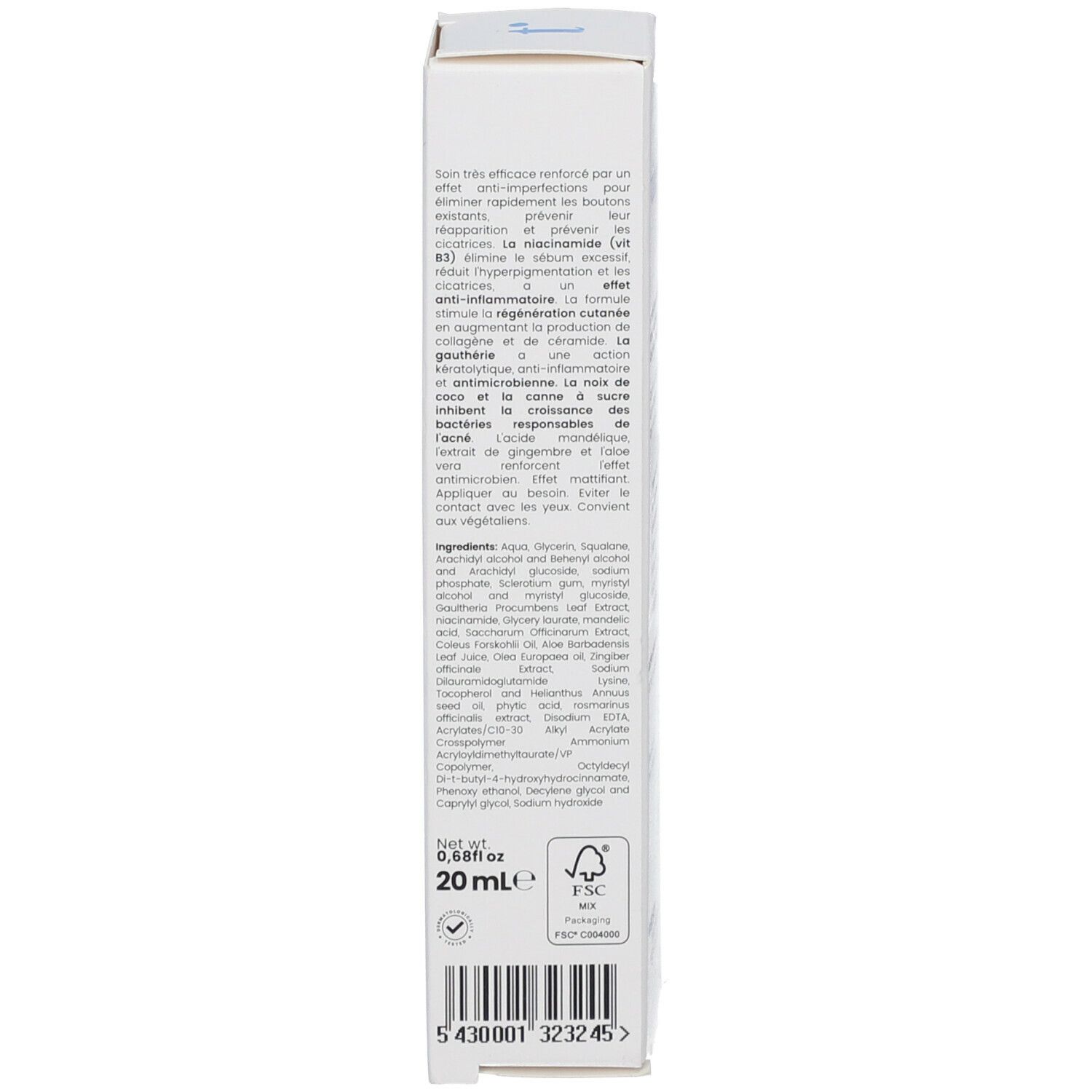 Rückseite der Produktverpackung. Text: Inhaltsstoffe, Anwendungshinweise, Warnhinweise. Logo: FSC, 20 ml.