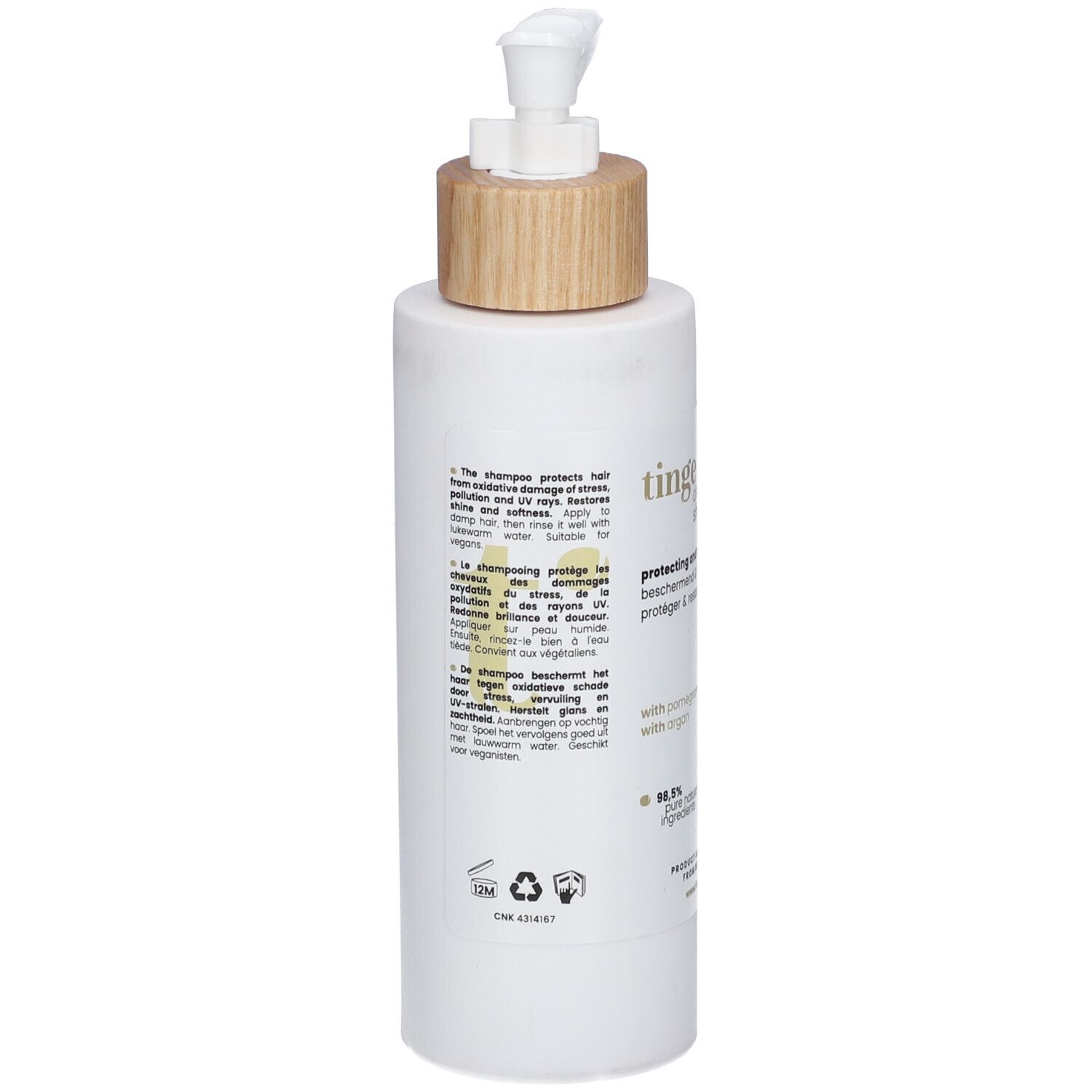 Rückseite der Tinge Delicate Shampoo Flasche mit Inhaltsstoffen und Zertifizierungen.