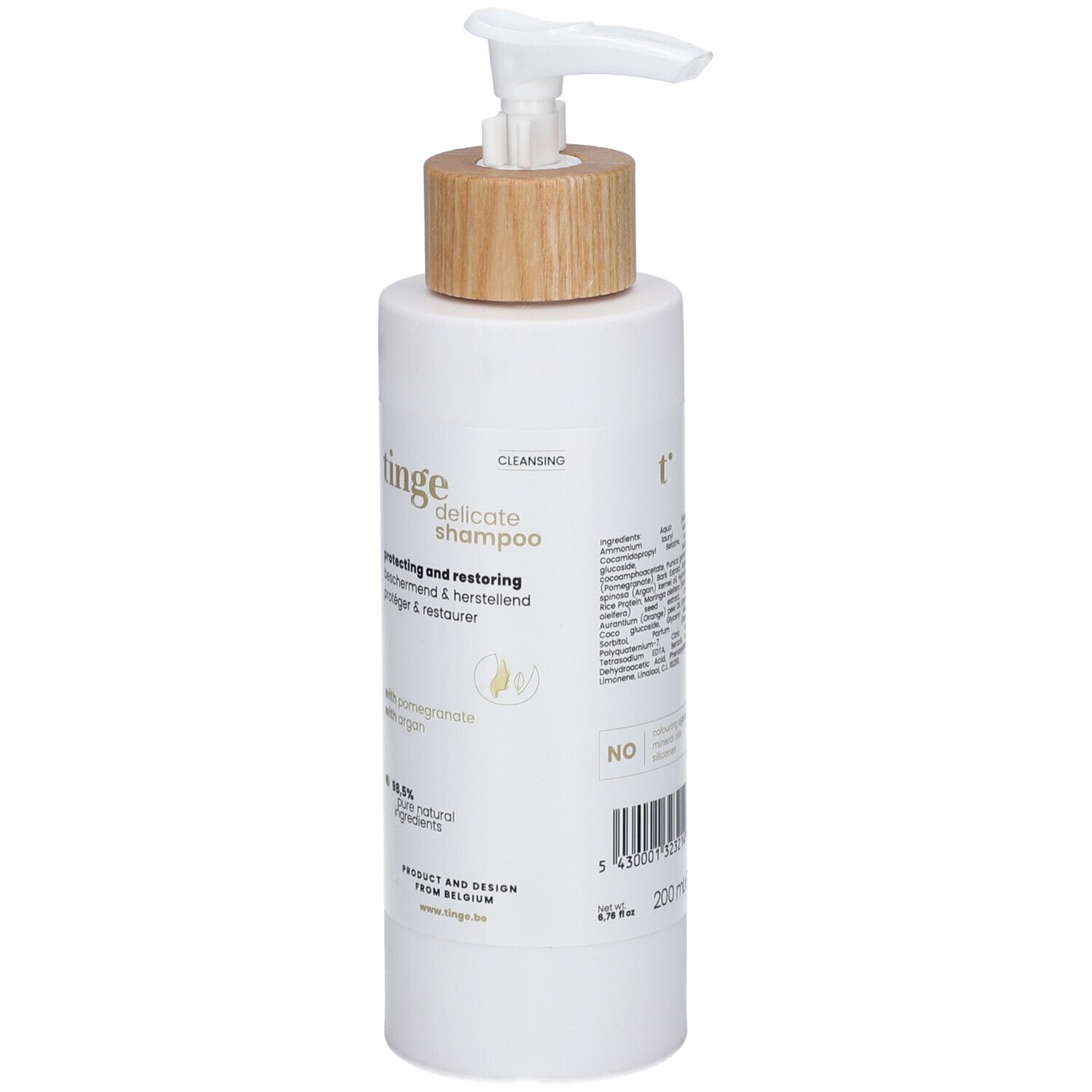 Tinge Delicate Shampoo Flasche mit Pumpspender, 200ml, mit Produktinformationen.
