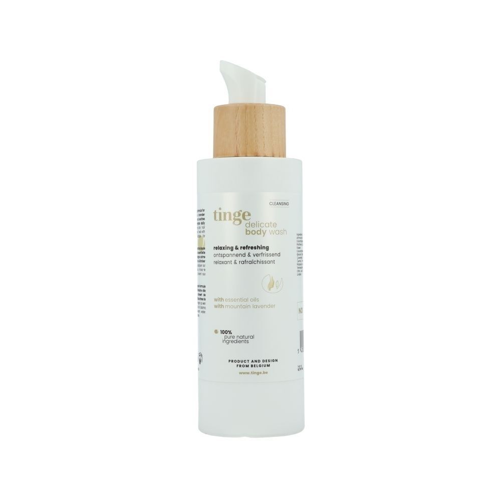 Tinge Delicate Body Wash avec pompe et bouchon en bois.