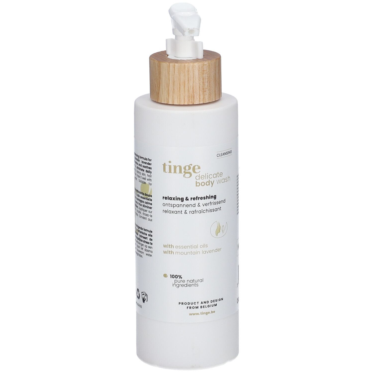 Tinge Delicate Body Wash mit Pumpspender und Holzdeckel.