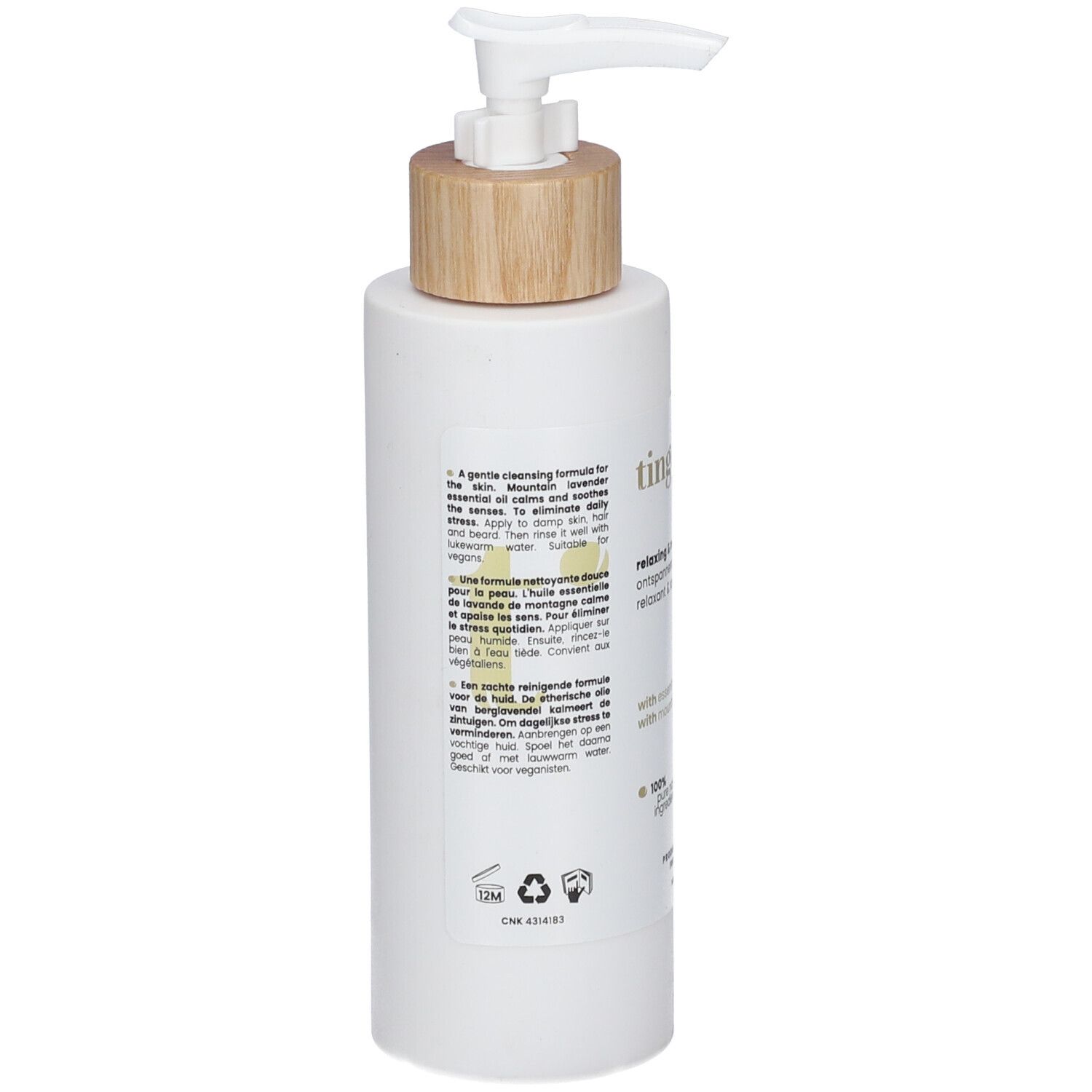 Tinge Delicate Body Wash mit Pumpspender und Holzdeckel.
