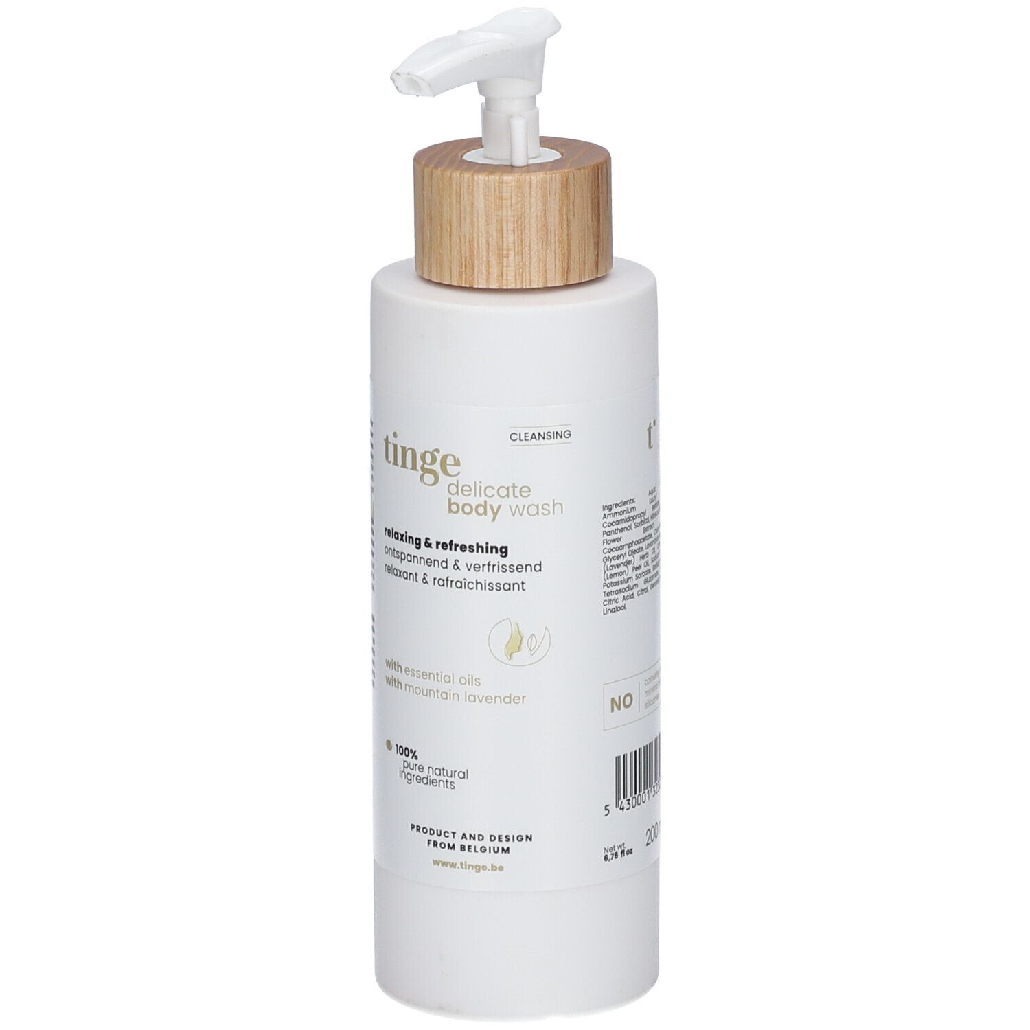 Tinge Delicate Body Wash mit Pumpspender und Holzdeckel.