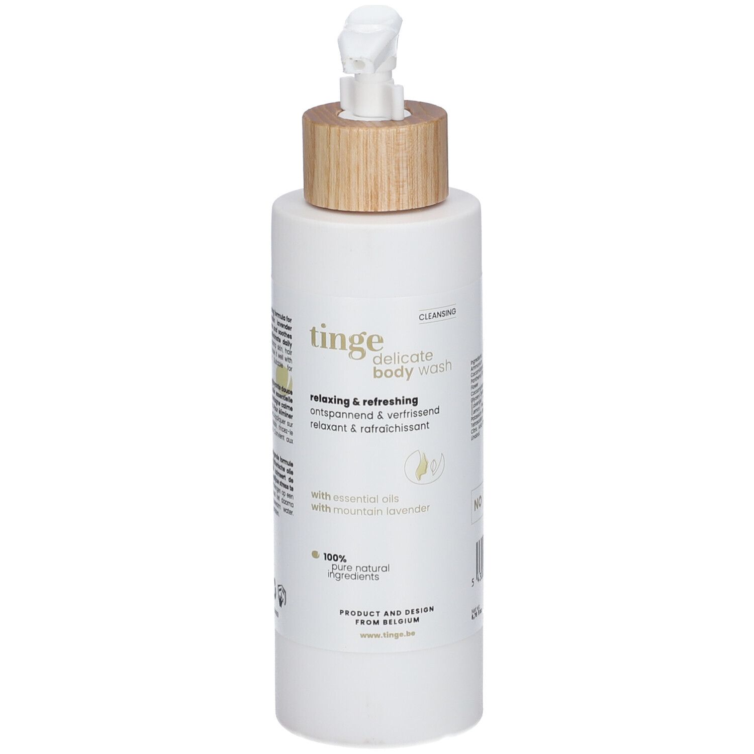 Tinge Delicate Body Wash mit Pumpspender und Holzdeckel.