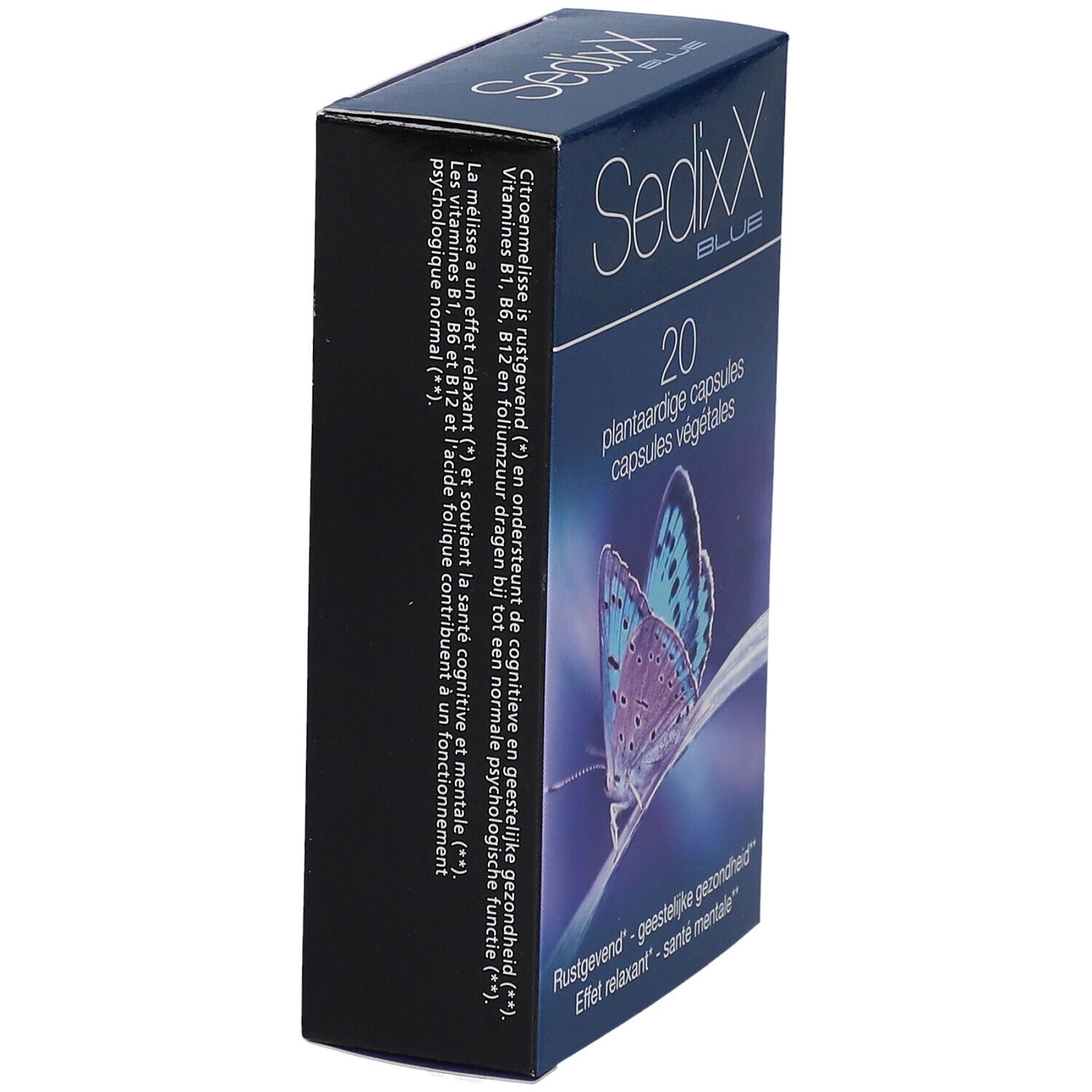 Seitenansicht der SedixX BLUE-Schachtel. Text: '20 plantaardige capsules'. Enthält Informationen über die Inhaltsstoffe und die Anwendung.