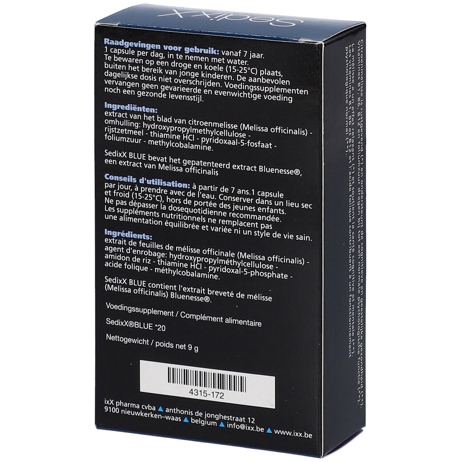 Rückseite der SedixX BLUE-Schachtel. Enthält Informationen zur Anwendung, Inhaltsstoffe und Nährwertangaben. Gewicht: 9 g.