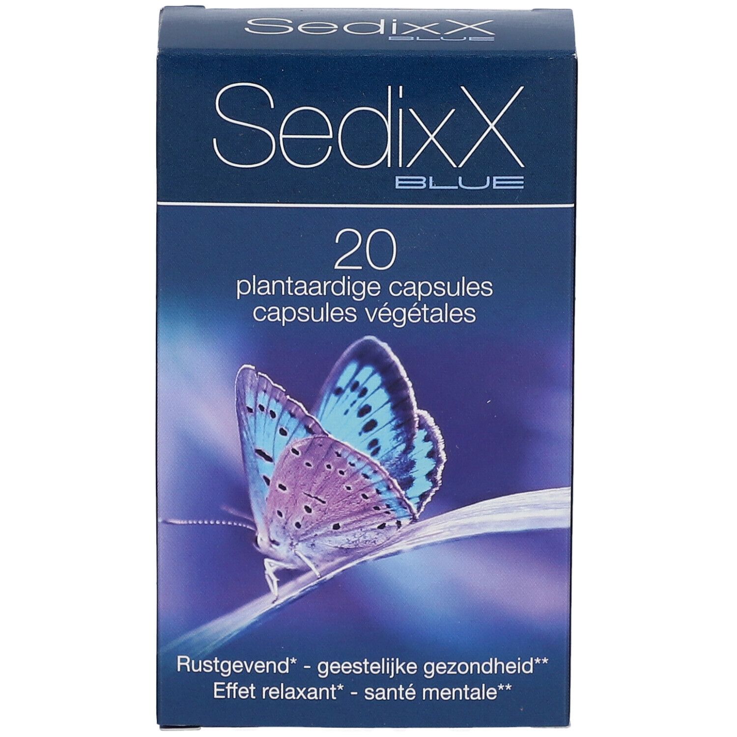 Schachtel SedixX BLUE mit 20 pflanzlichen Kapseln. Abbildung eines blauen Schmetterlings. Text: 'Rustgevend - geestelijke gezondheid'.
