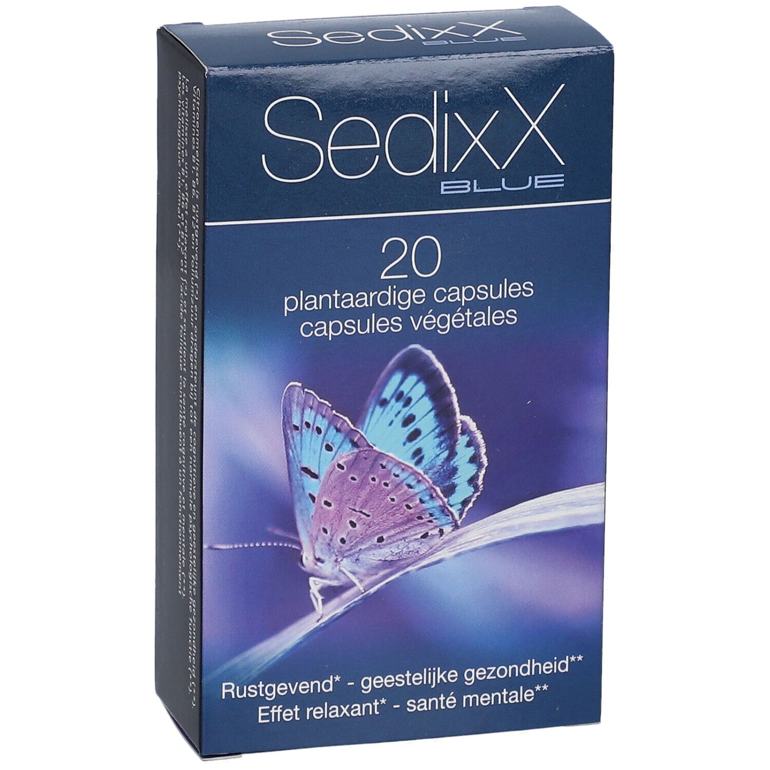 Schachtel SedixX BLUE mit 20 pflanzlichen Kapseln. Abbildung eines blauen Schmetterlings. Text: 'Rustgevend - geestelijke gezondheid'.