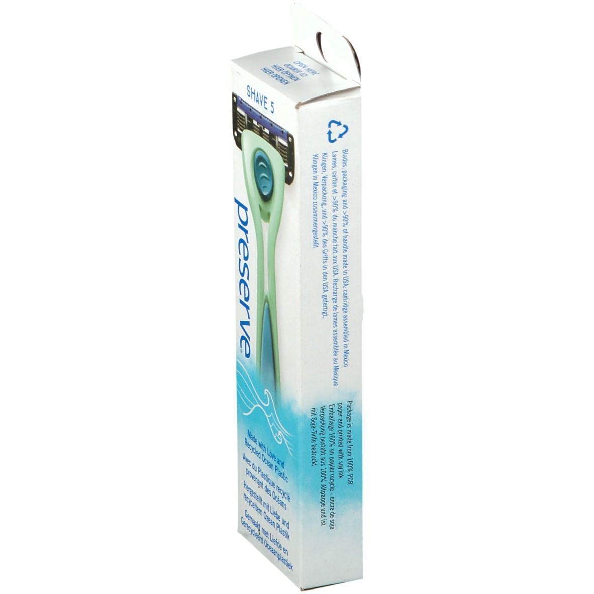 Emballage avec rasoir. Marque: preserve. Produit: SHAVE 5. Texte: Made with Love and Recycled Ocean Plastic.