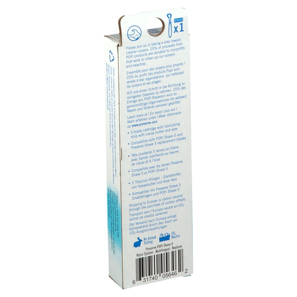 Dos de l'emballage. Texte: 5 lames, compatible avec Preserve SHAVE 5. Informations sur la durabilité.