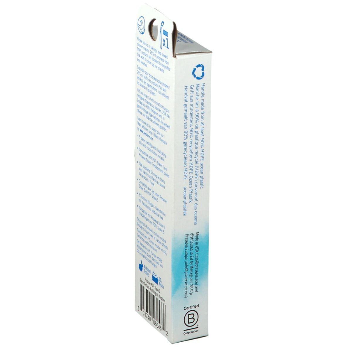 Vue latérale de l'emballage. Texte: Fabriqué à partir de plastique recyclé. Logo de certification.