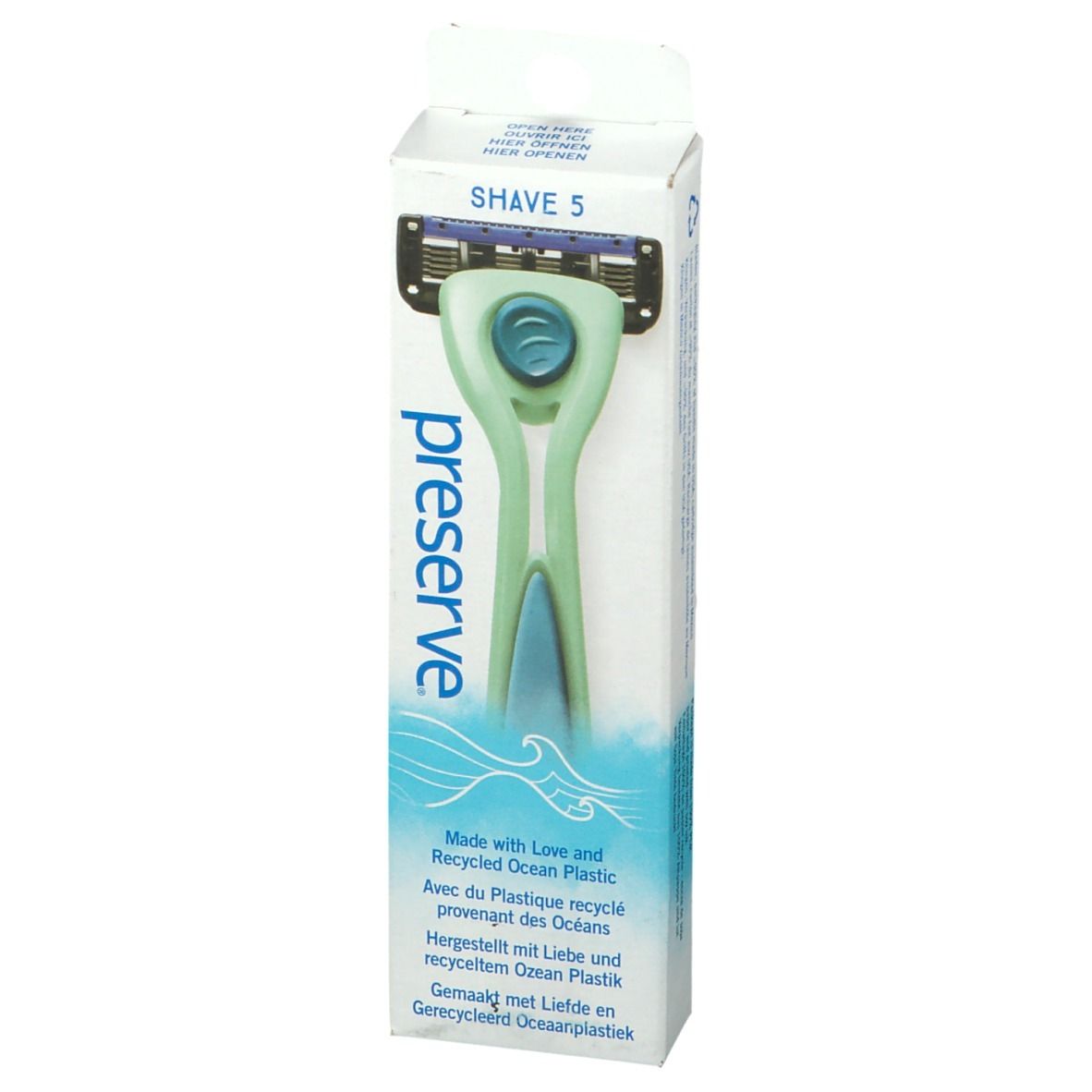 Rasoir vert dans son emballage. Marque: preserve. Produit: SHAVE 5. Emballage avec motif de vagues et texte.