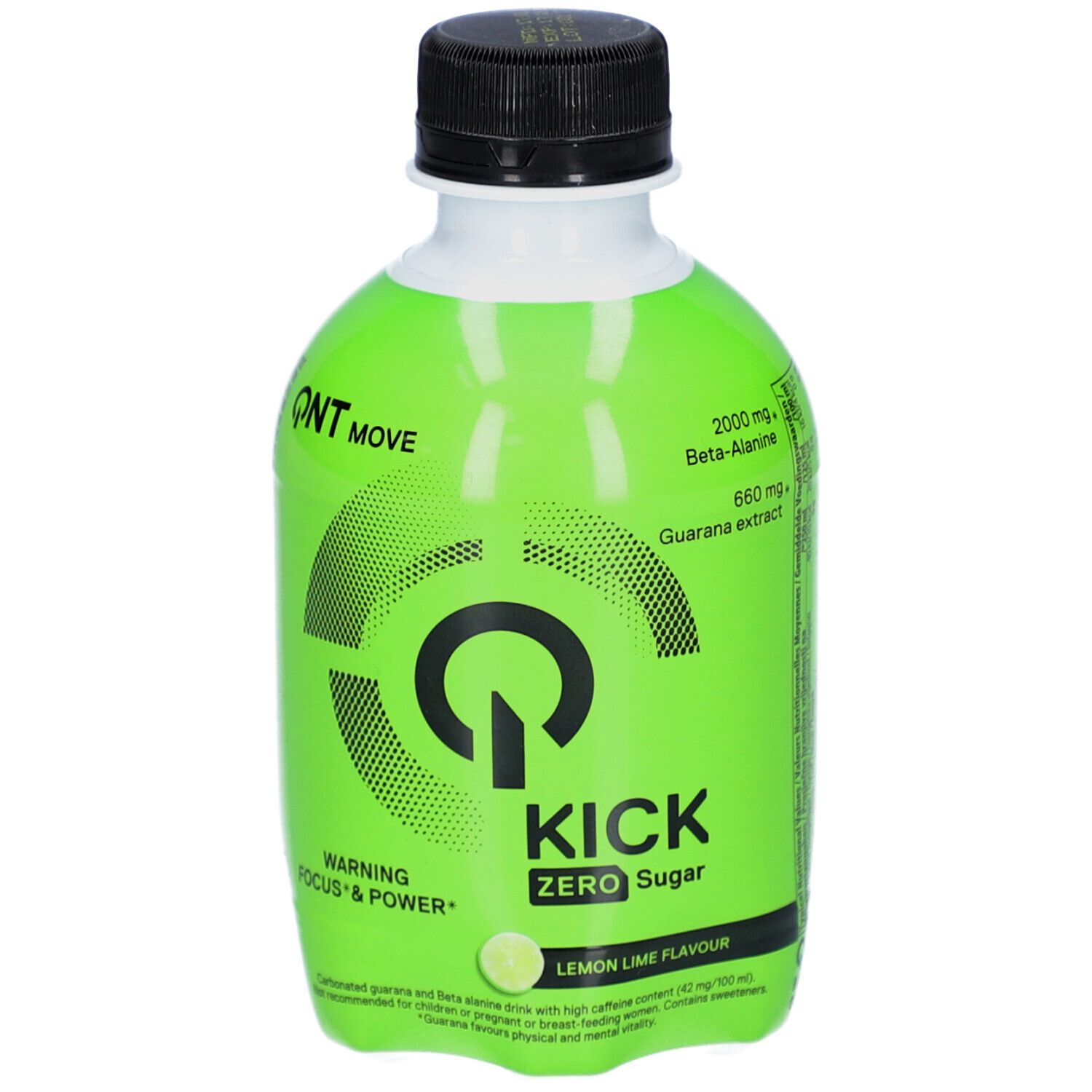 Grüne Flasche mit schwarzem Deckel. Aufschrift QNT KICK ZERO Sugar. Enthält Beta-Alanin und Guarana-Extrakt. Zitrone-Limette-Geschmack.