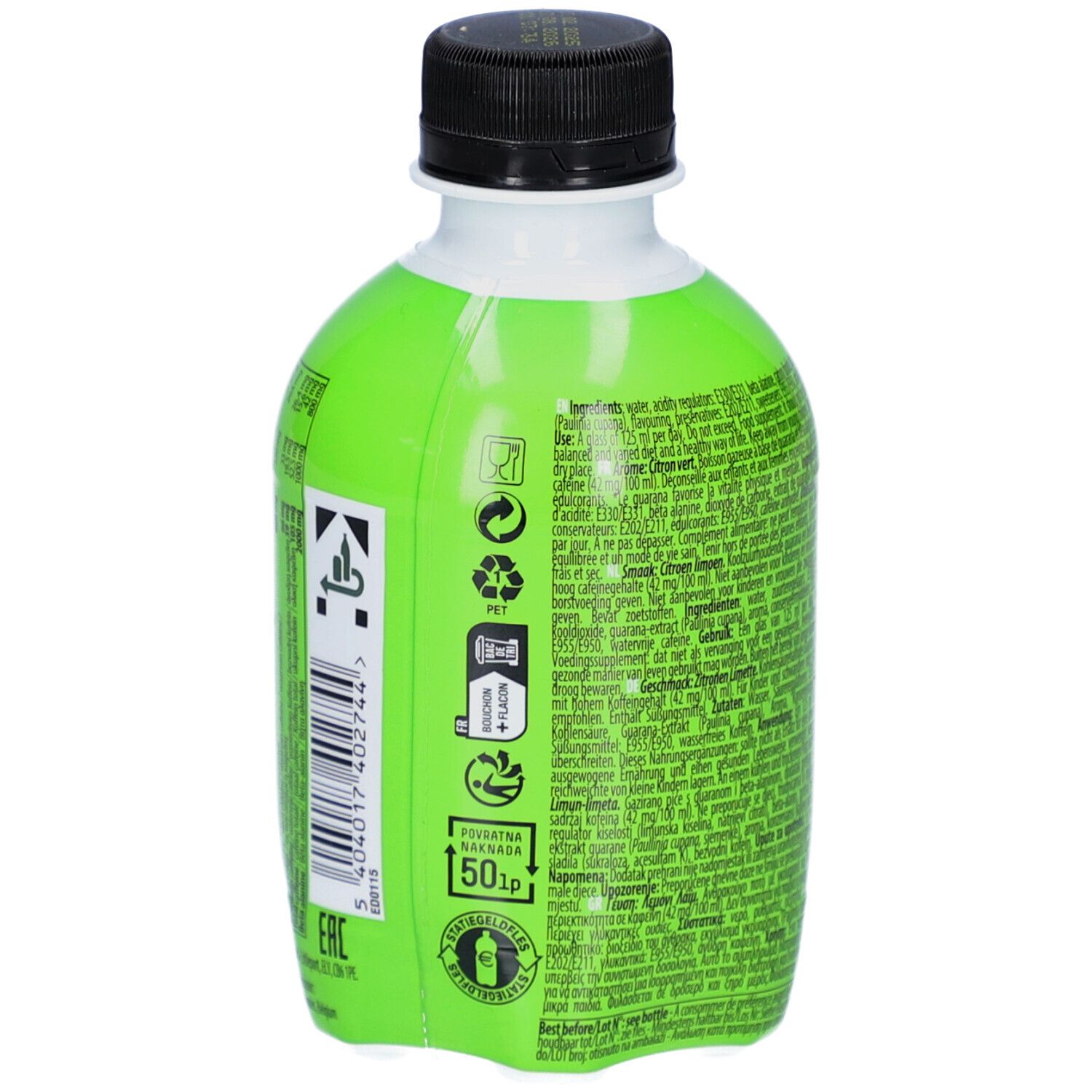Rückseite einer grünen Flasche. Enthält Informationen zu Inhaltsstoffen und Warnhinweisen. Mit Recycling-Symbolen und Pfandlogo.