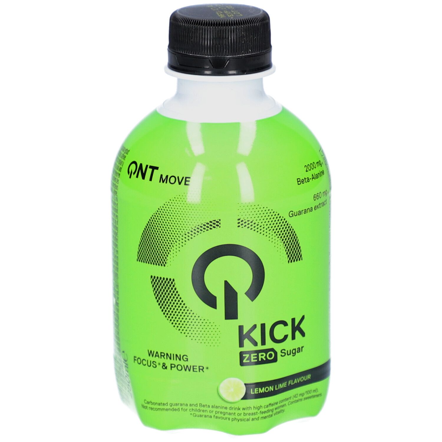 Grüne Flasche mit schwarzem Deckel. Aufschrift QNT KICK ZERO Sugar. Enthält Beta-Alanin und Guarana-Extrakt. Zitrone-Limette-Geschmack.