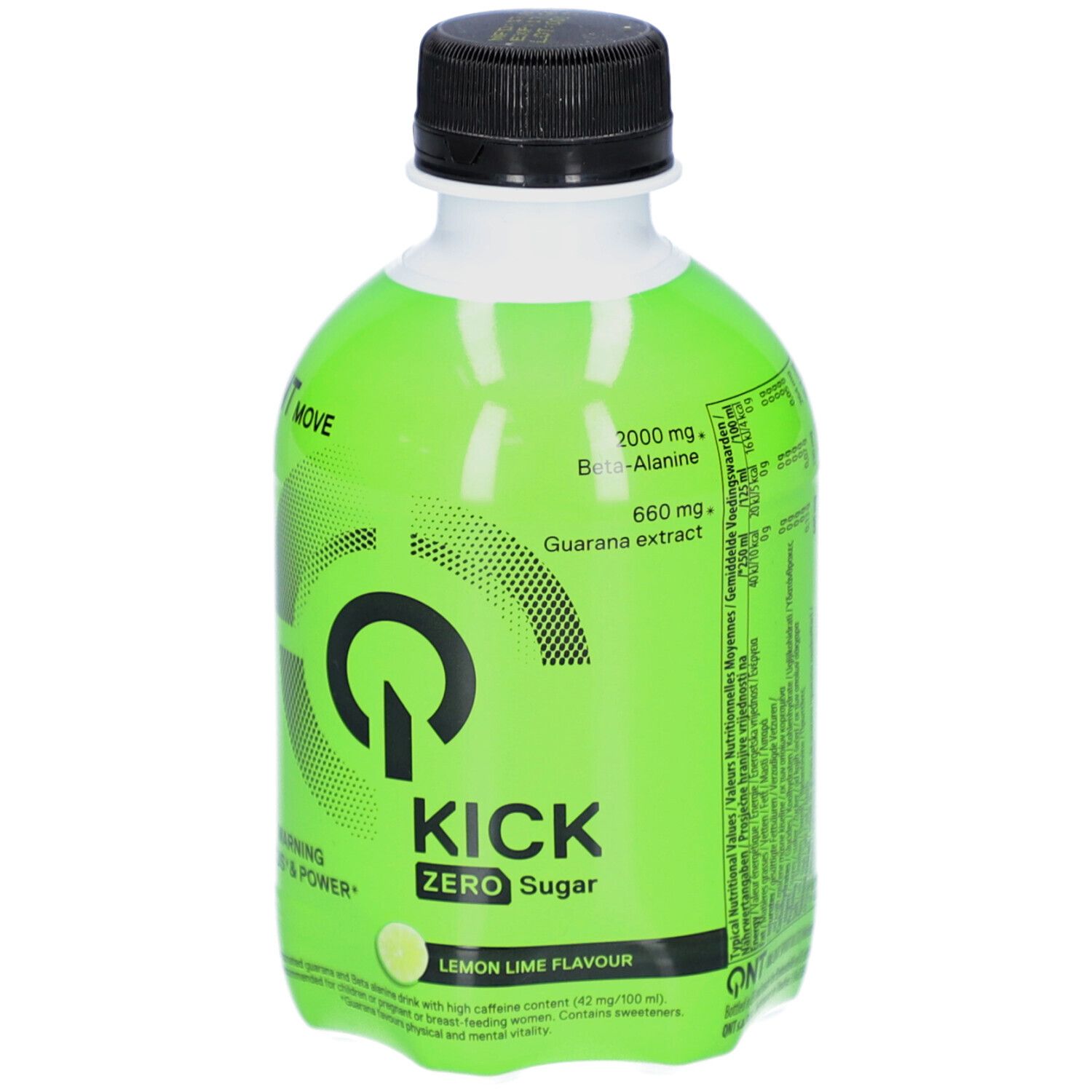 Grüne Flasche mit schwarzem Deckel. Aufschrift QNT KICK ZERO Sugar. Enthält Beta-Alanin und Guarana-Extrakt. Zitrone-Limette-Geschmack.
