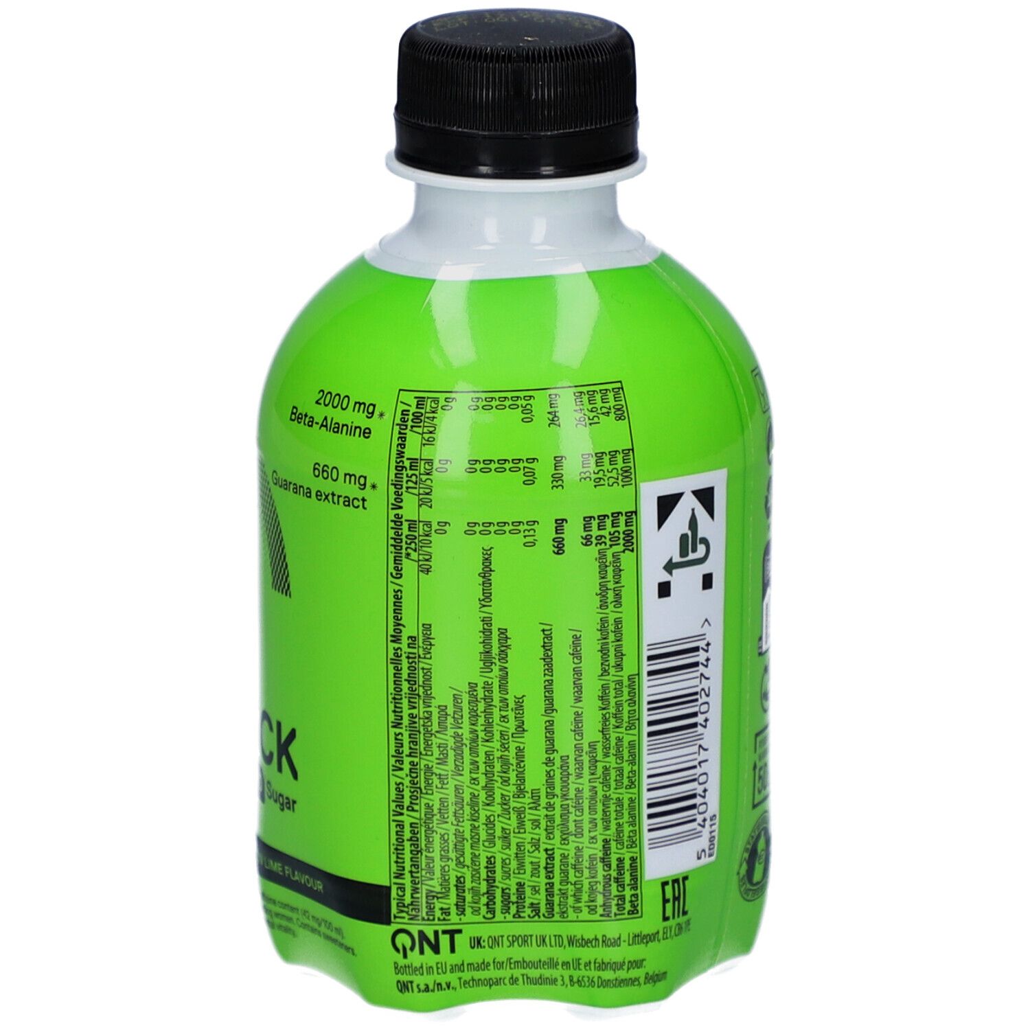 Rückseite einer grünen Flasche. Enthält Informationen zu Inhaltsstoffen und Warnhinweisen. Mit Nährwertangaben und Herstellerinformationen.