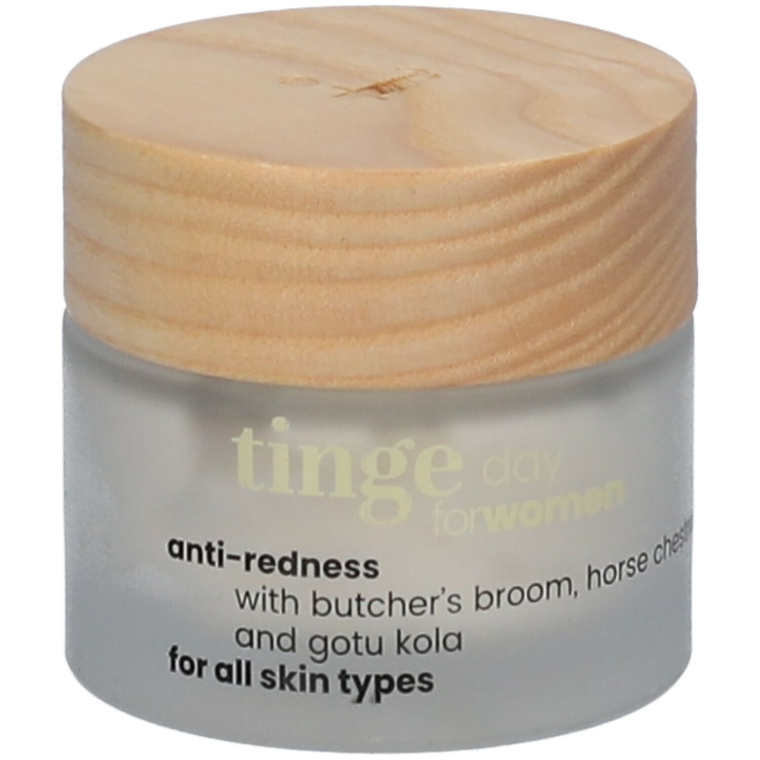 Tinge Anti-Rötungs-Creme in einem Glasbehälter mit Holzdeckel.