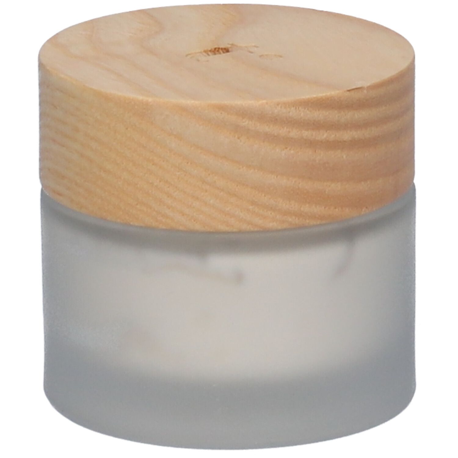Tinge Anti-Rötungs-Creme in einem Glasbehälter mit Holzdeckel.