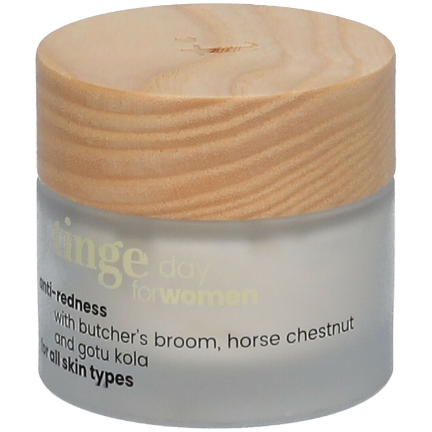 Tinge Anti-Rötungs-Creme in einem Glasbehälter mit Holzdeckel.