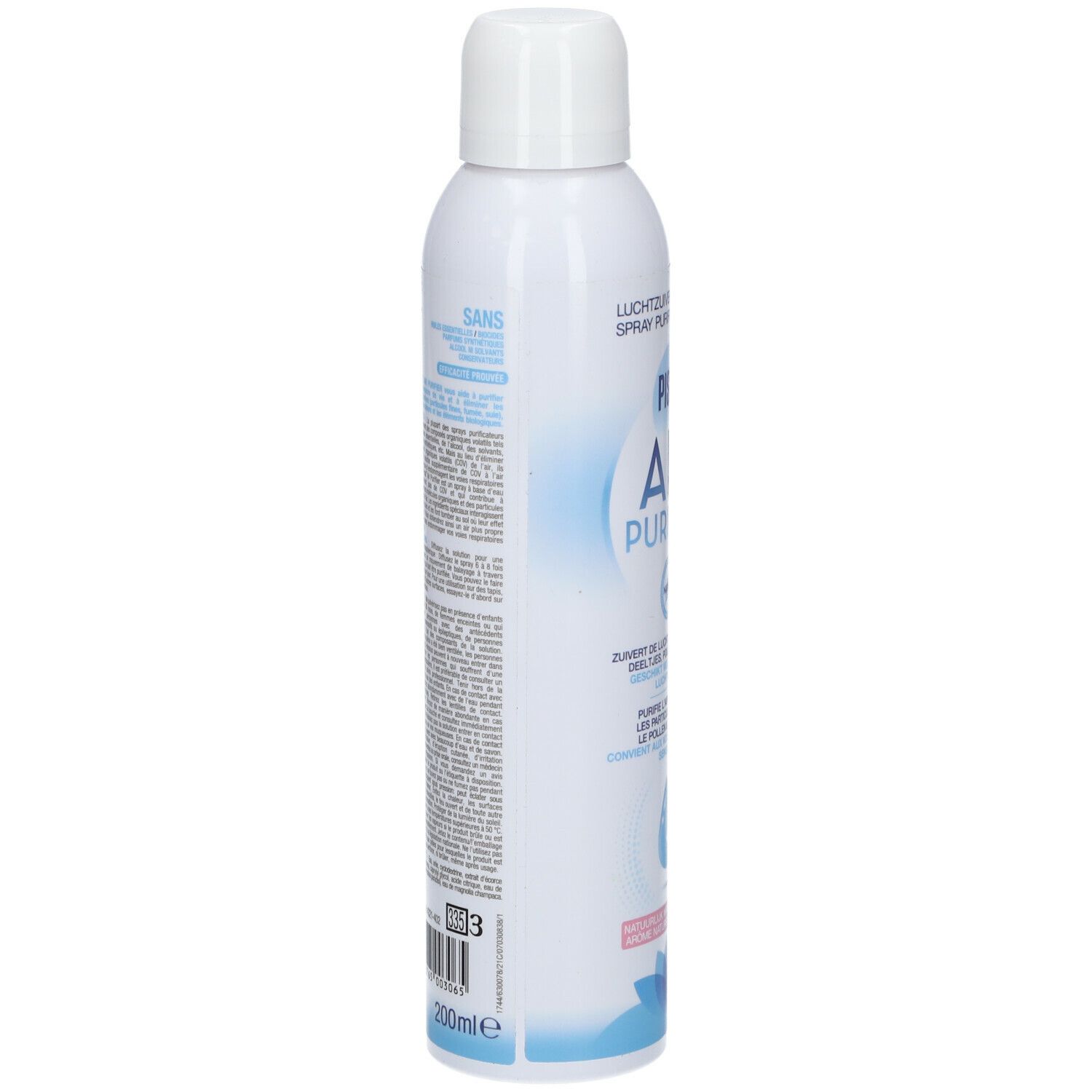 Weißes Spray mit Text auf dem Etikett. Aufschrift: PISTAL AIR PURIFIER. Text in Deutsch, Niederländisch und Französisch.