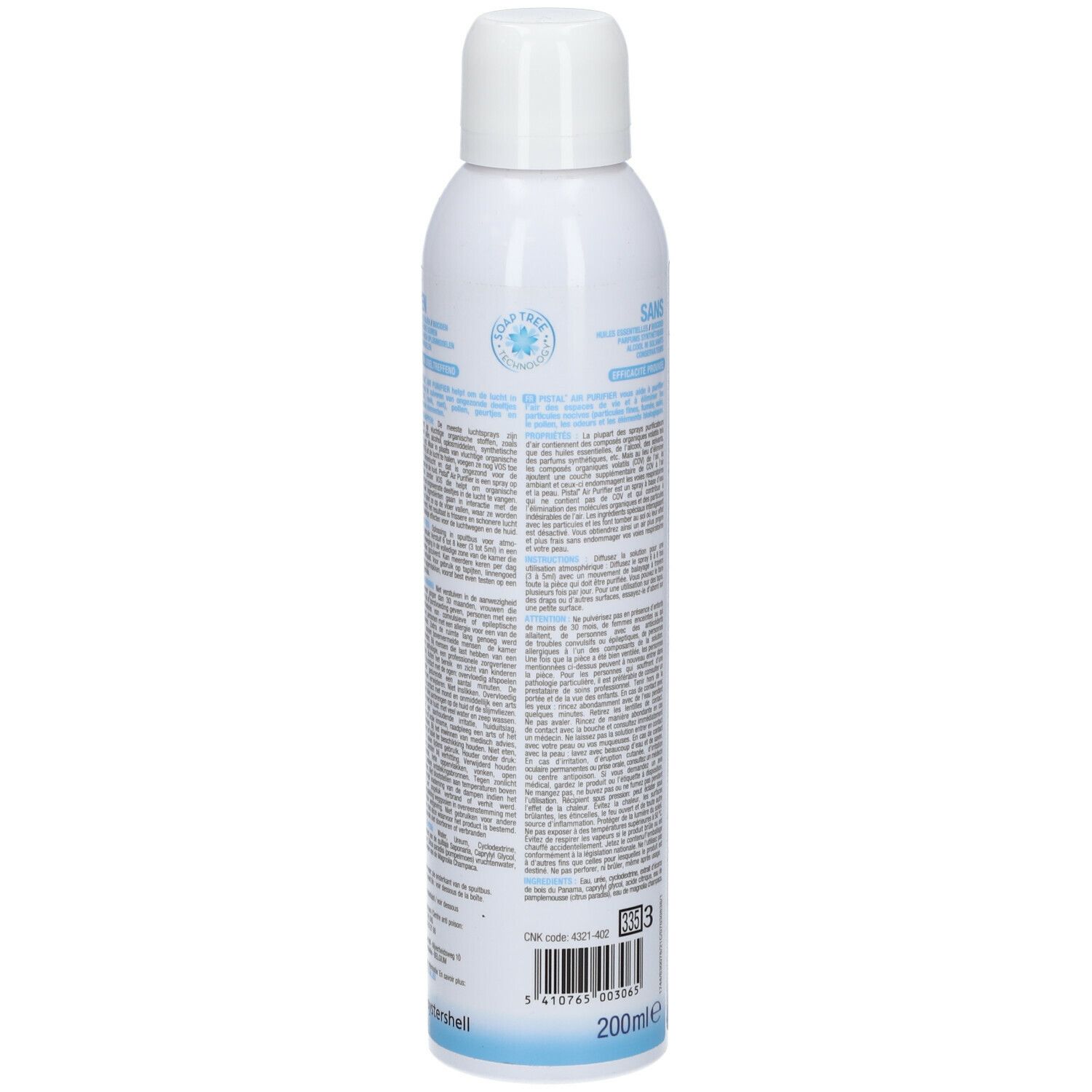 Weißes Spray mit Text auf dem Etikett. Aufschrift: PISTAL AIR PURIFIER. Text in Deutsch, Niederländisch und Französisch.
