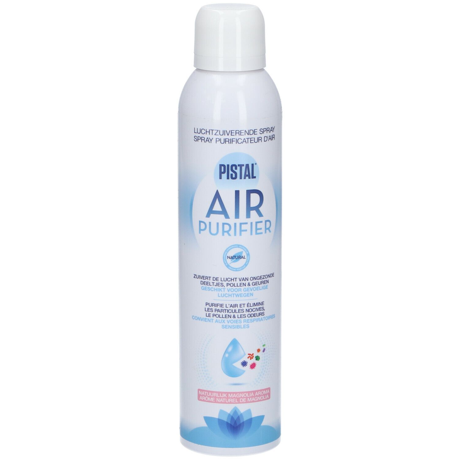 Weißes Spray mit blauem und rosa Etikett. Aufschrift: PISTAL AIR PURIFIER. Text in Deutsch, Niederländisch und Französisch.
