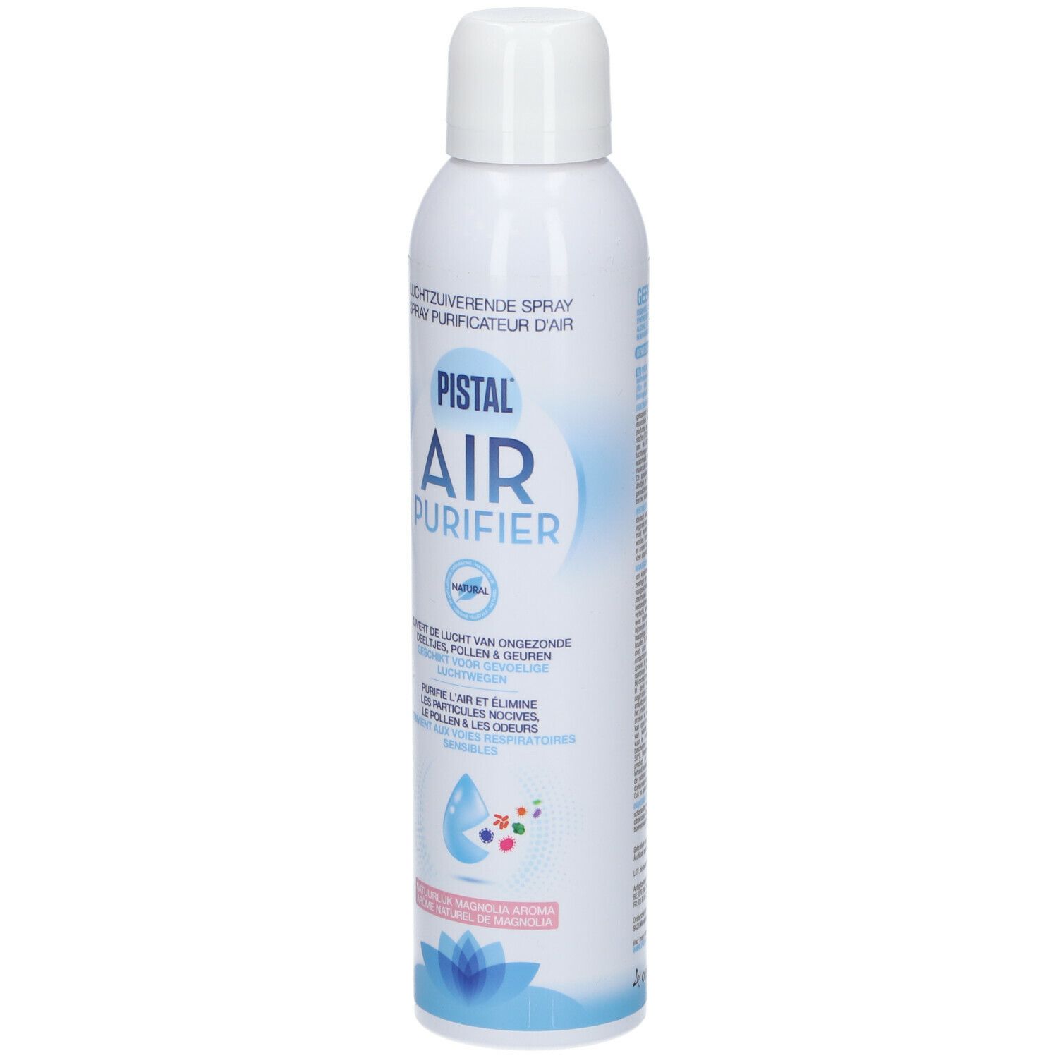 Weißes Spray mit blauem und rosa Etikett. Aufschrift: PISTAL AIR PURIFIER. Text in Deutsch, Niederländisch und Französisch.