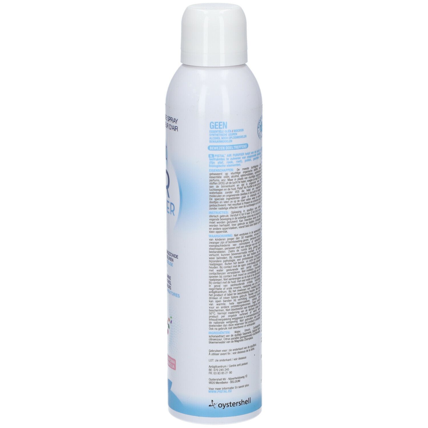Weißes Spray mit Text auf dem Etikett. Aufschrift: PISTAL AIR PURIFIER. Text in Deutsch, Niederländisch und Französisch.