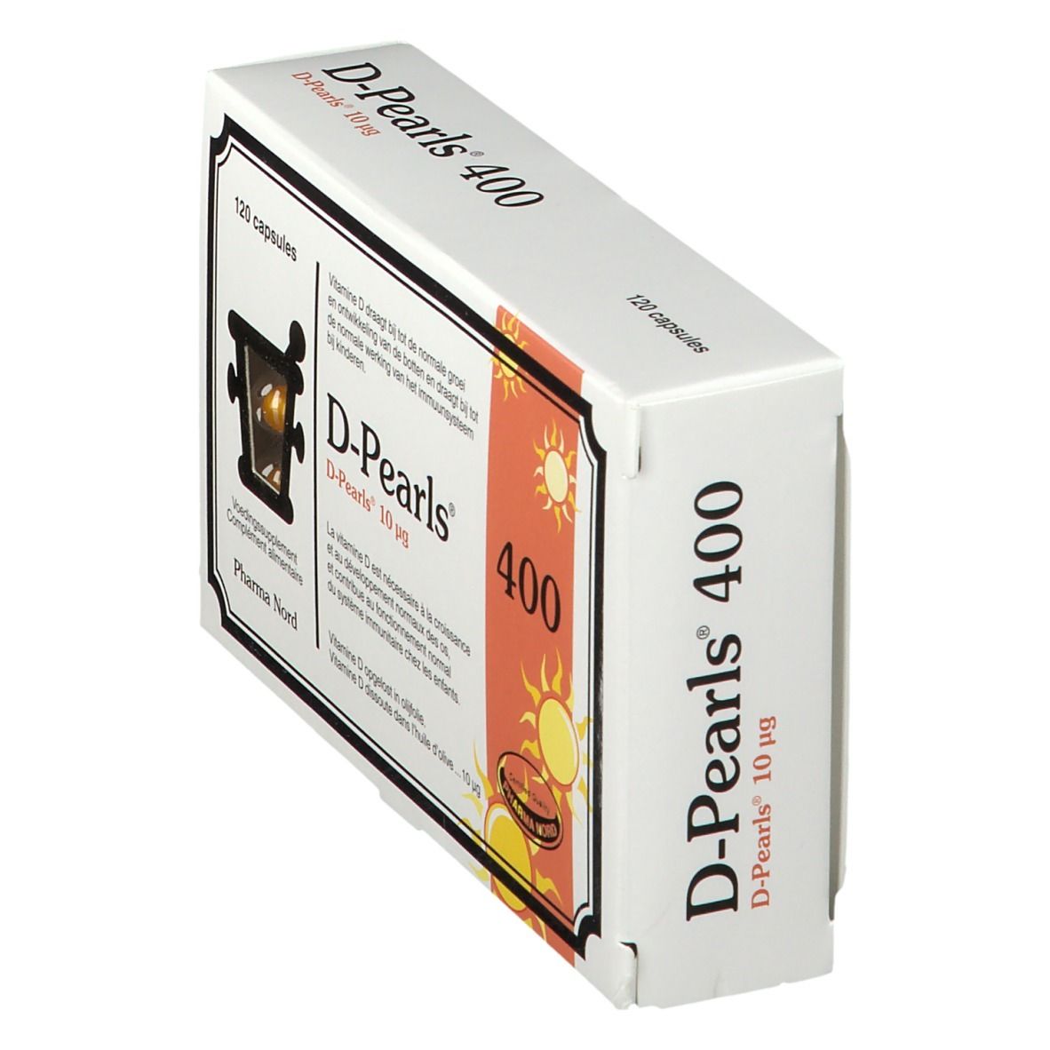 Boîte D-Pearls 400 en biais. 120 capsules. Visible : nom du produit, logo, texte multilingue.