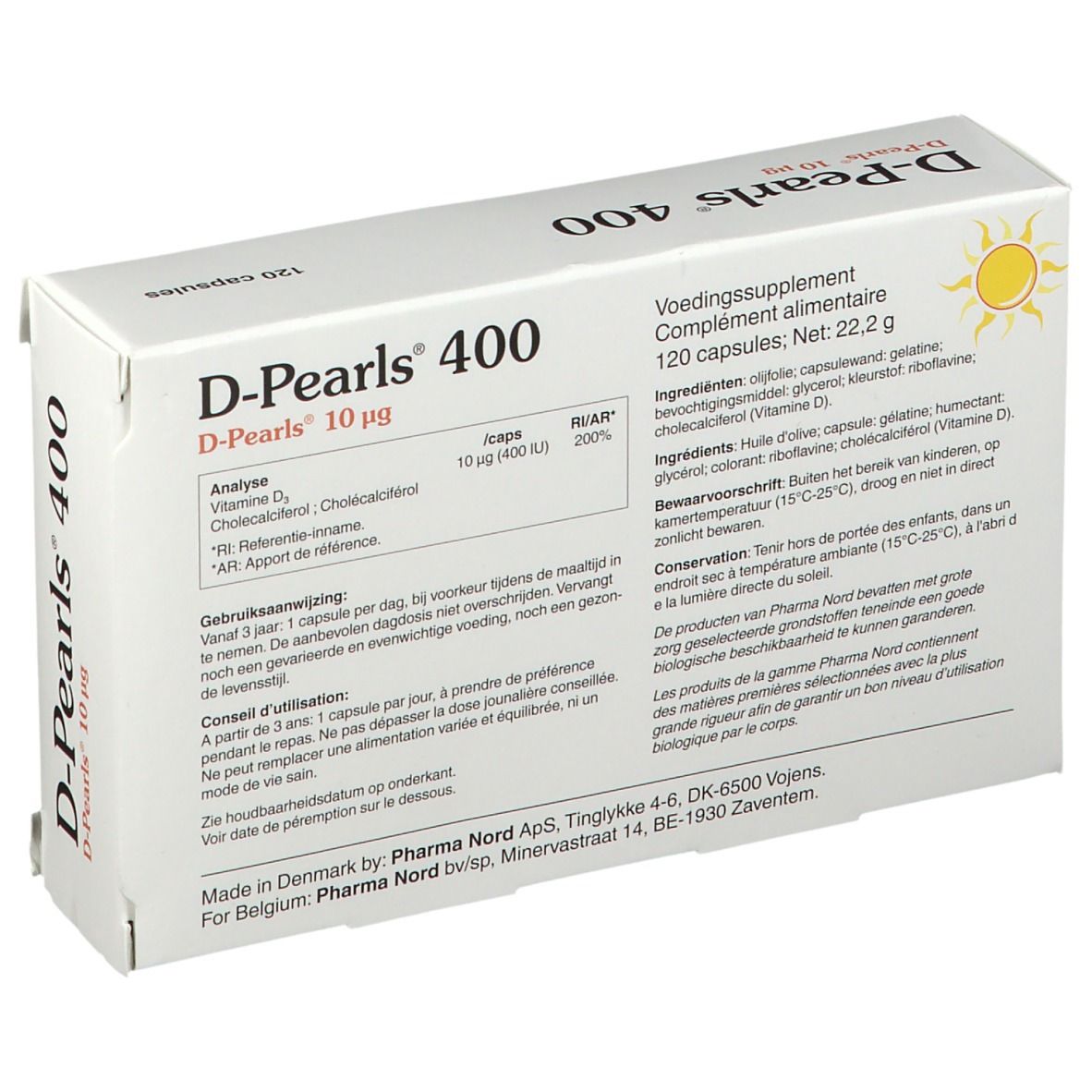 Boîte D-Pearls 400. 120 capsules. Visible : nom du produit, ingrédients, mode d'emploi, logo.