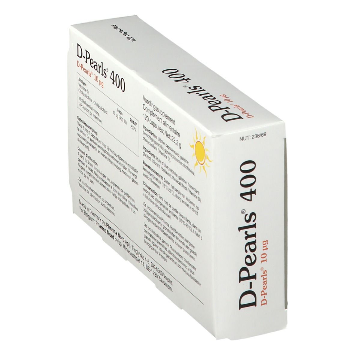 Boîte D-Pearls 400 en biais. Visible : nom du produit, texte, logo, 120 capsules.