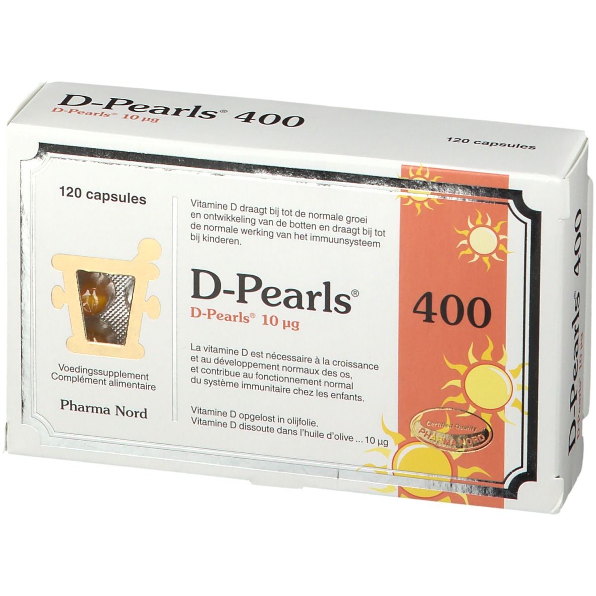 Boîte D-Pearls 400. 120 capsules. Visible : nom du produit, logo, texte multilingue.